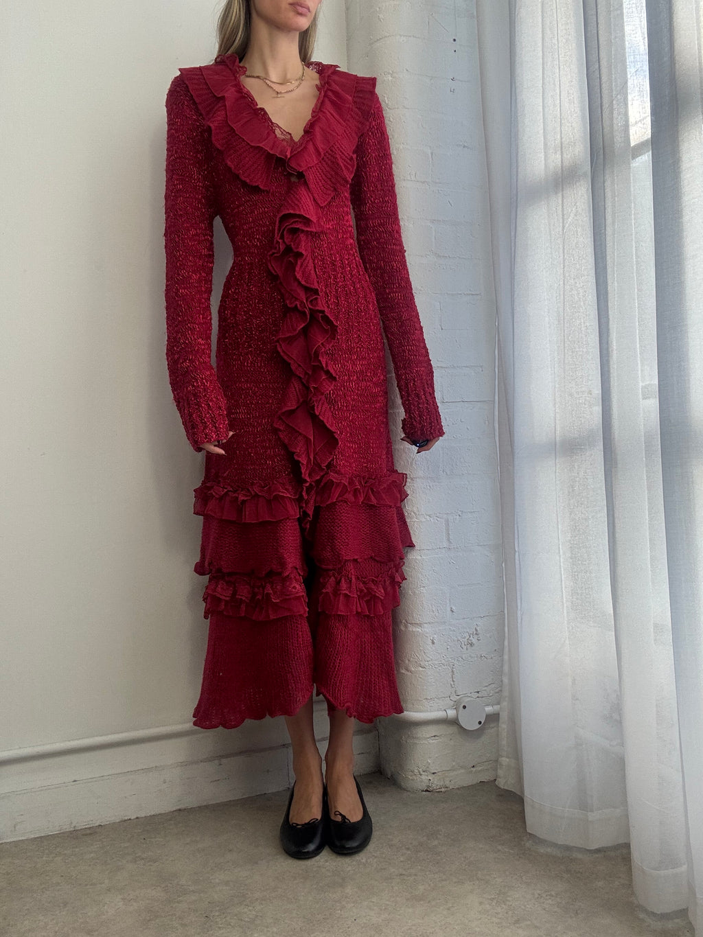 Vintage Y2K knitted cardigan / jumper dress ruffle red