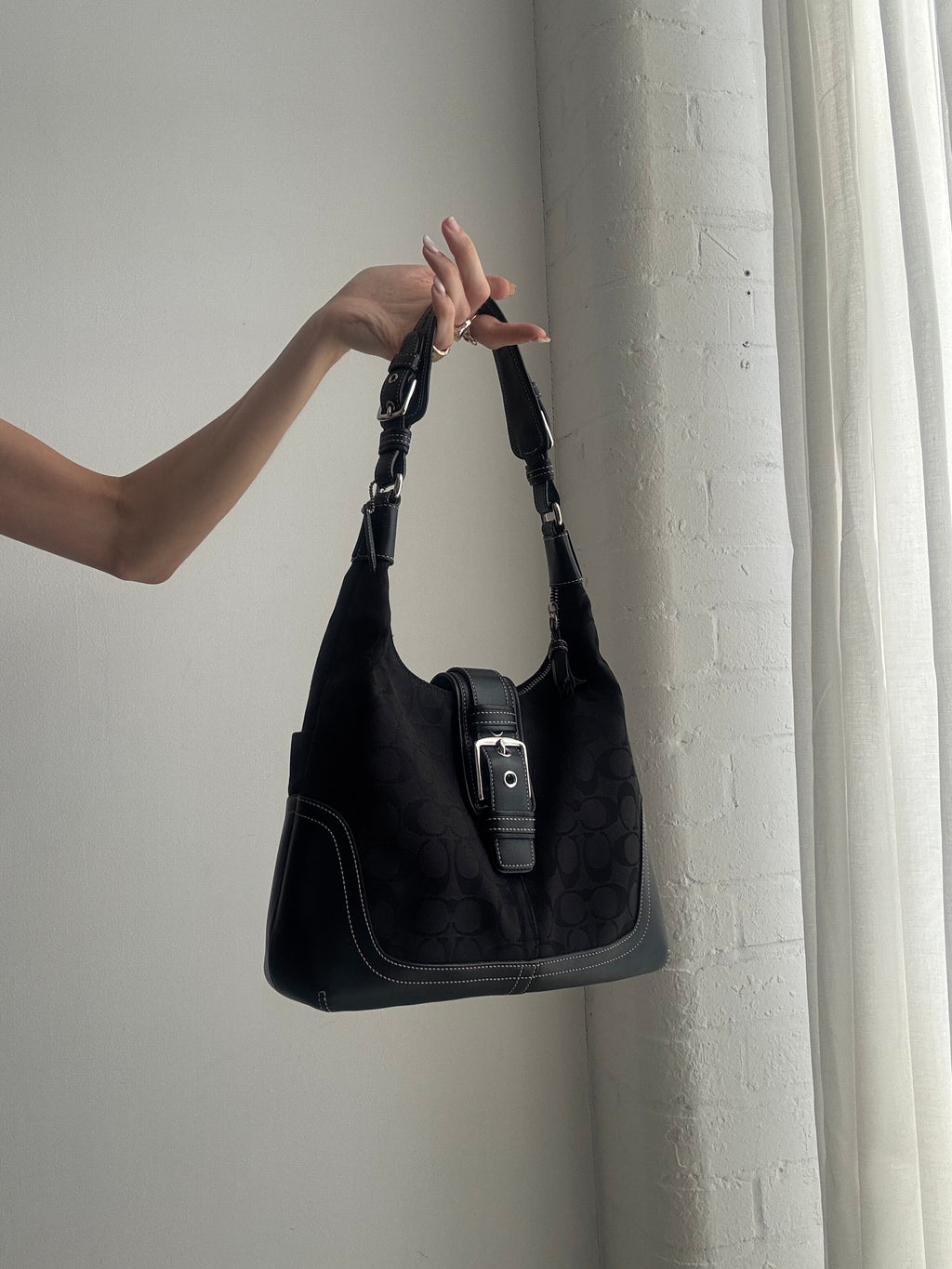 Vintage Y2K Coach Signature Shoulder Bag – Black Monogram Canvas Buckle Hobo Bag