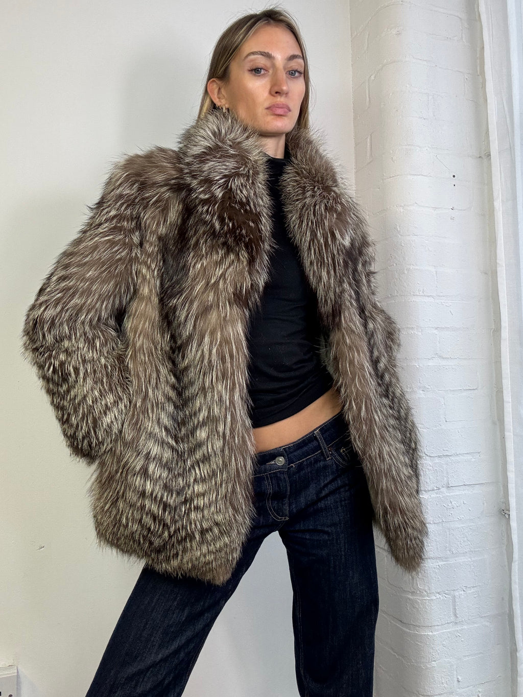 Vintage 90s fox fur coat brown