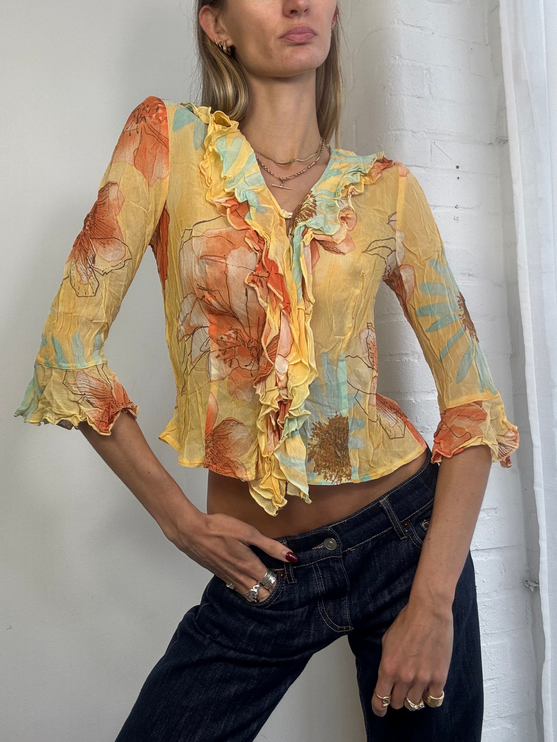 Vintage yellow floral ruffle blouse