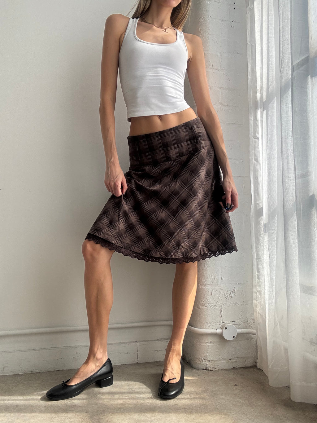 Vintage Y2K brown plaid lace trim midi skirt
