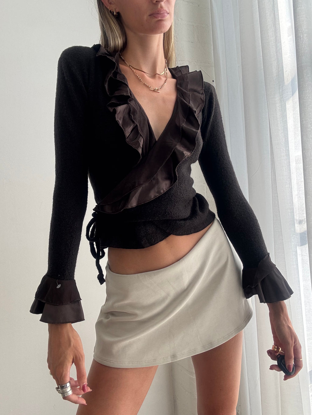Vintage 90s Brown Ruffle Wrap Top Jumper - Size S/M