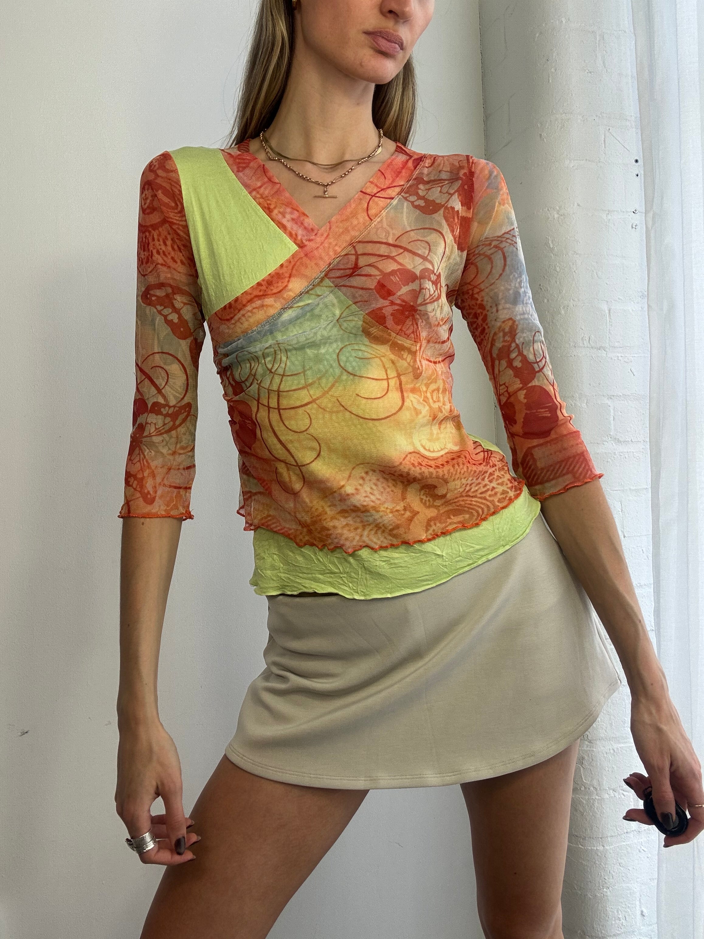 Vintage Y2K mesh abstract wrap top green - Size S