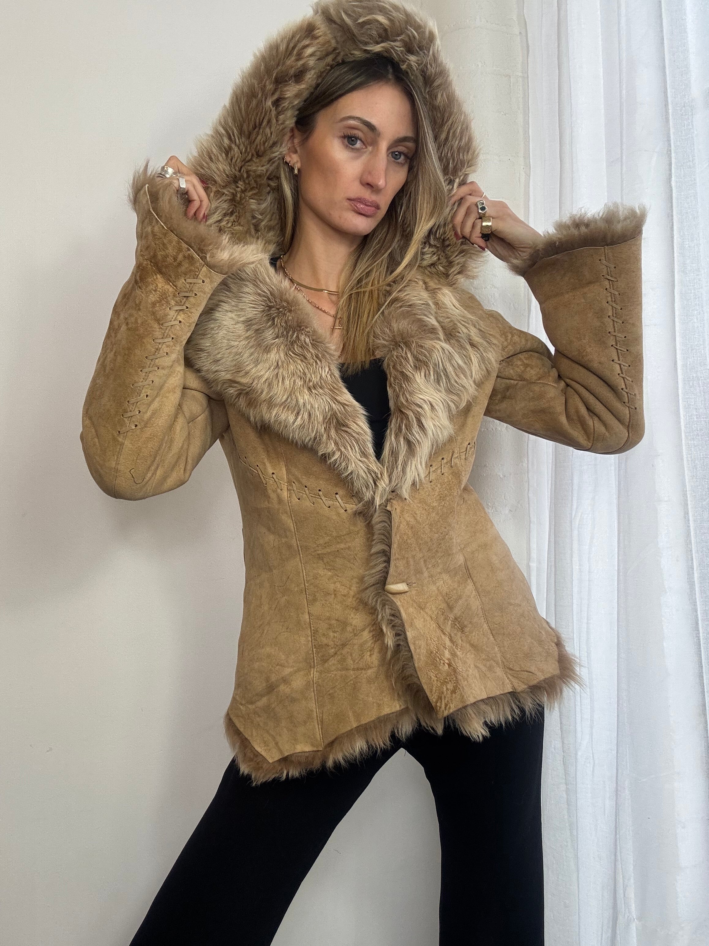 Vintage Y2K suede sheepskin hooded coat