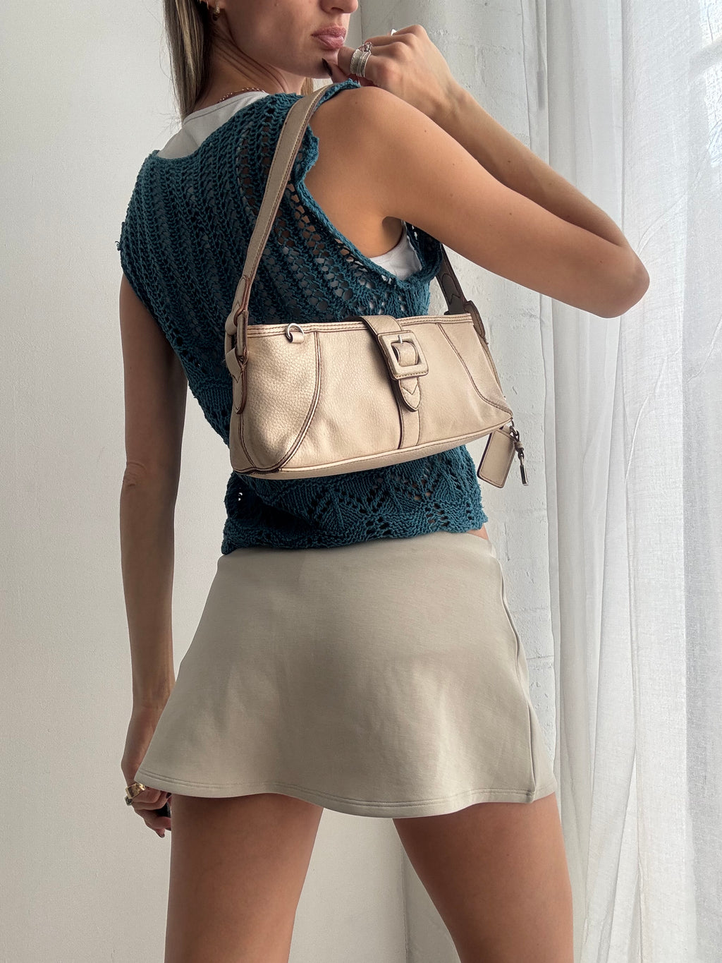 Vintage Y2K teal crochet tie vest - Size S