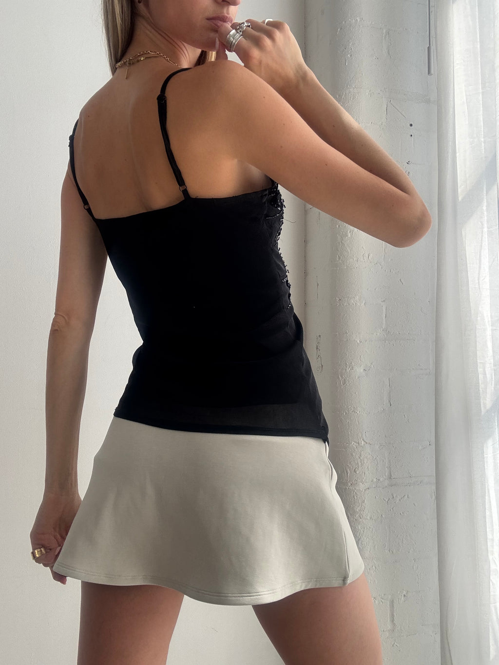 Vintage Y2K Black Beaded Cami Top Fairy Grunge Coquette - Size L