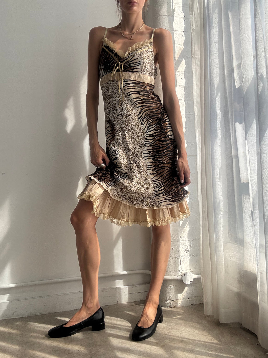 Vintage Y2K Animal Print Ruffle Slip Dress - Size S/M
