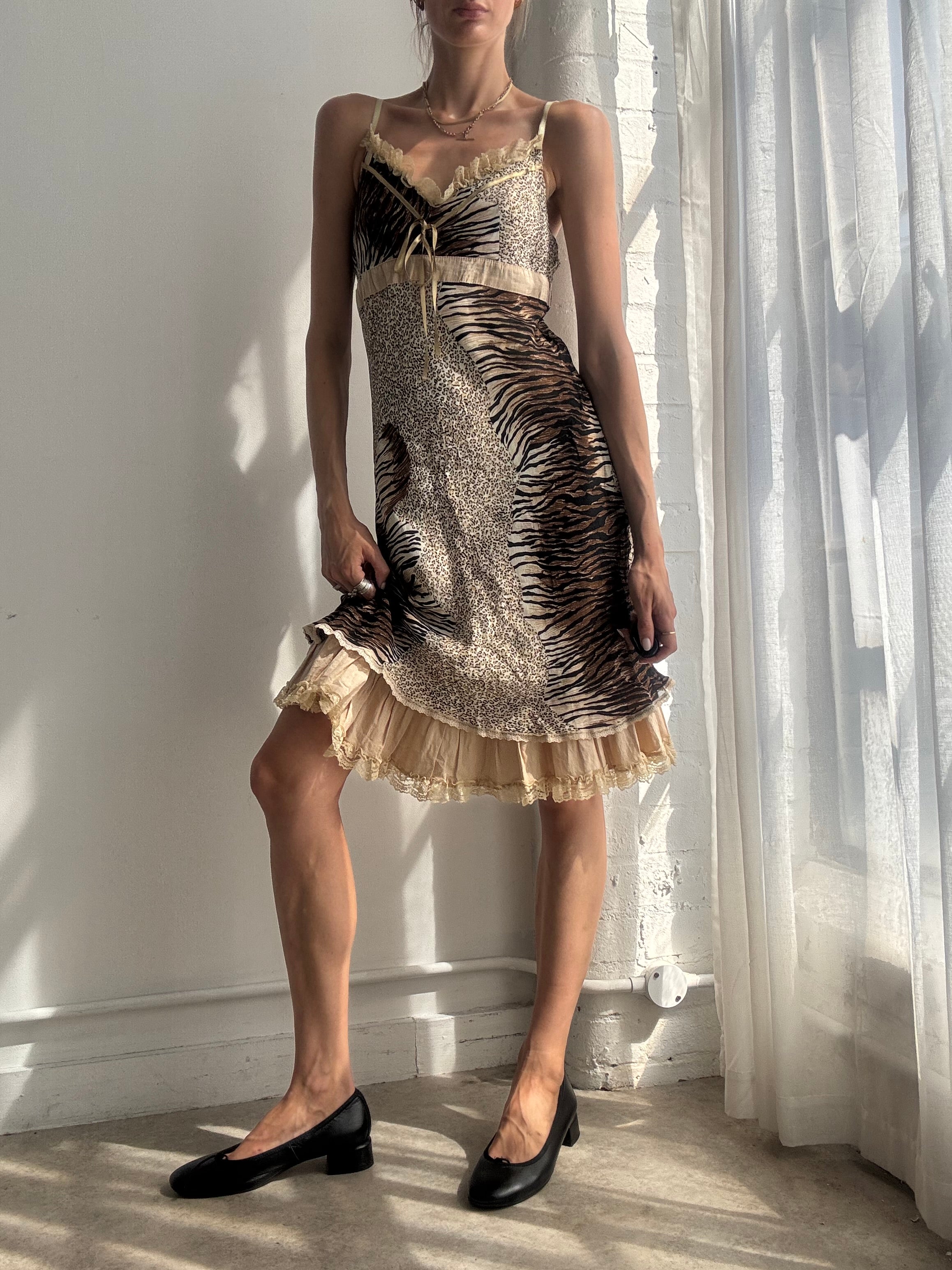 Vintage Y2K Animal Print Ruffle Slip Dress - Size S/M