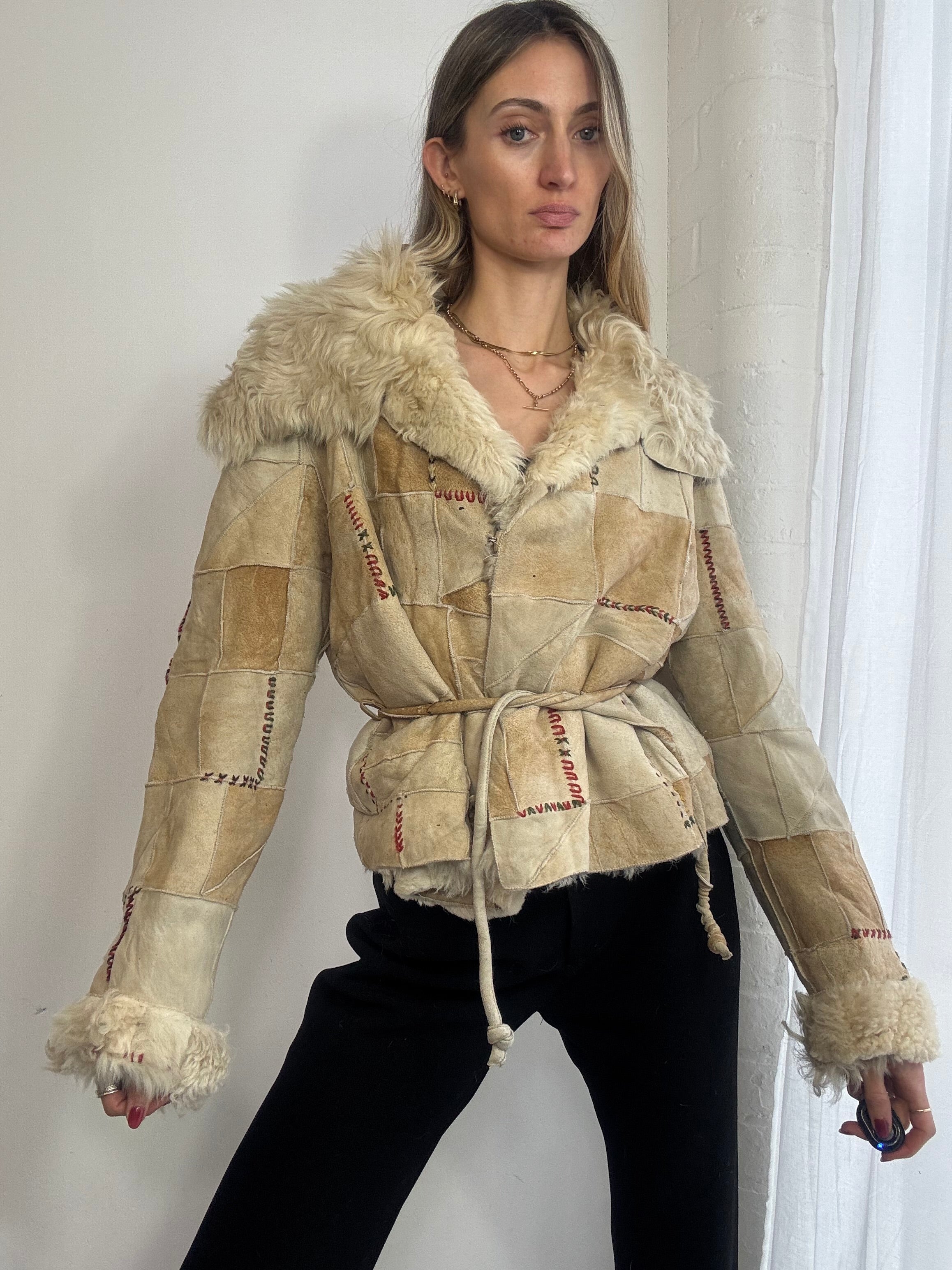 Vintage Y2K patchwork sheepskin suede coat