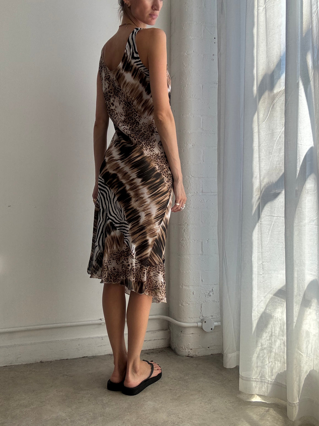 Vintage Animal Print Mesh Midi Dress Y2K - Size S