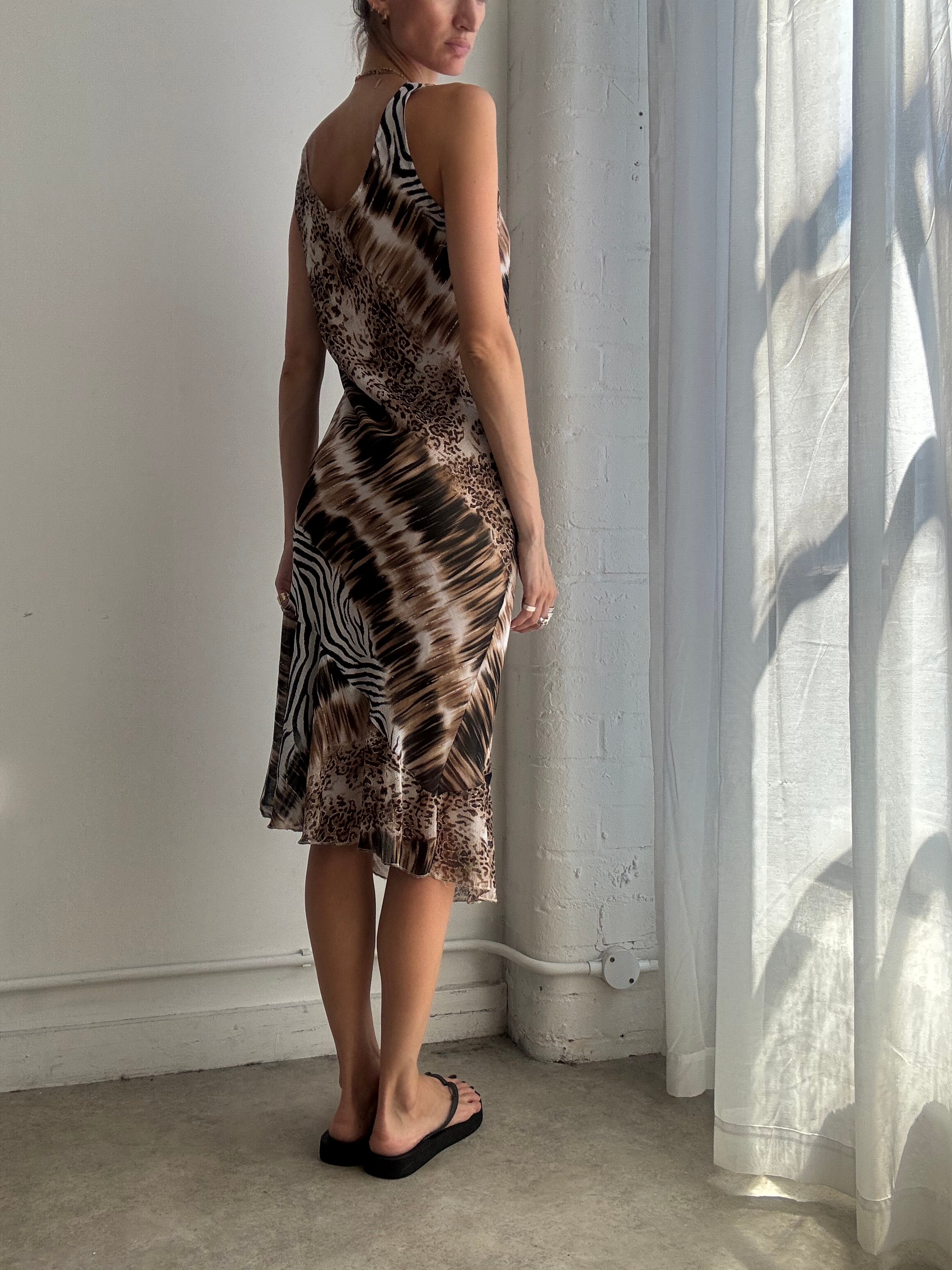 Vintage Animal Print Mesh Midi Dress Y2K - Size S