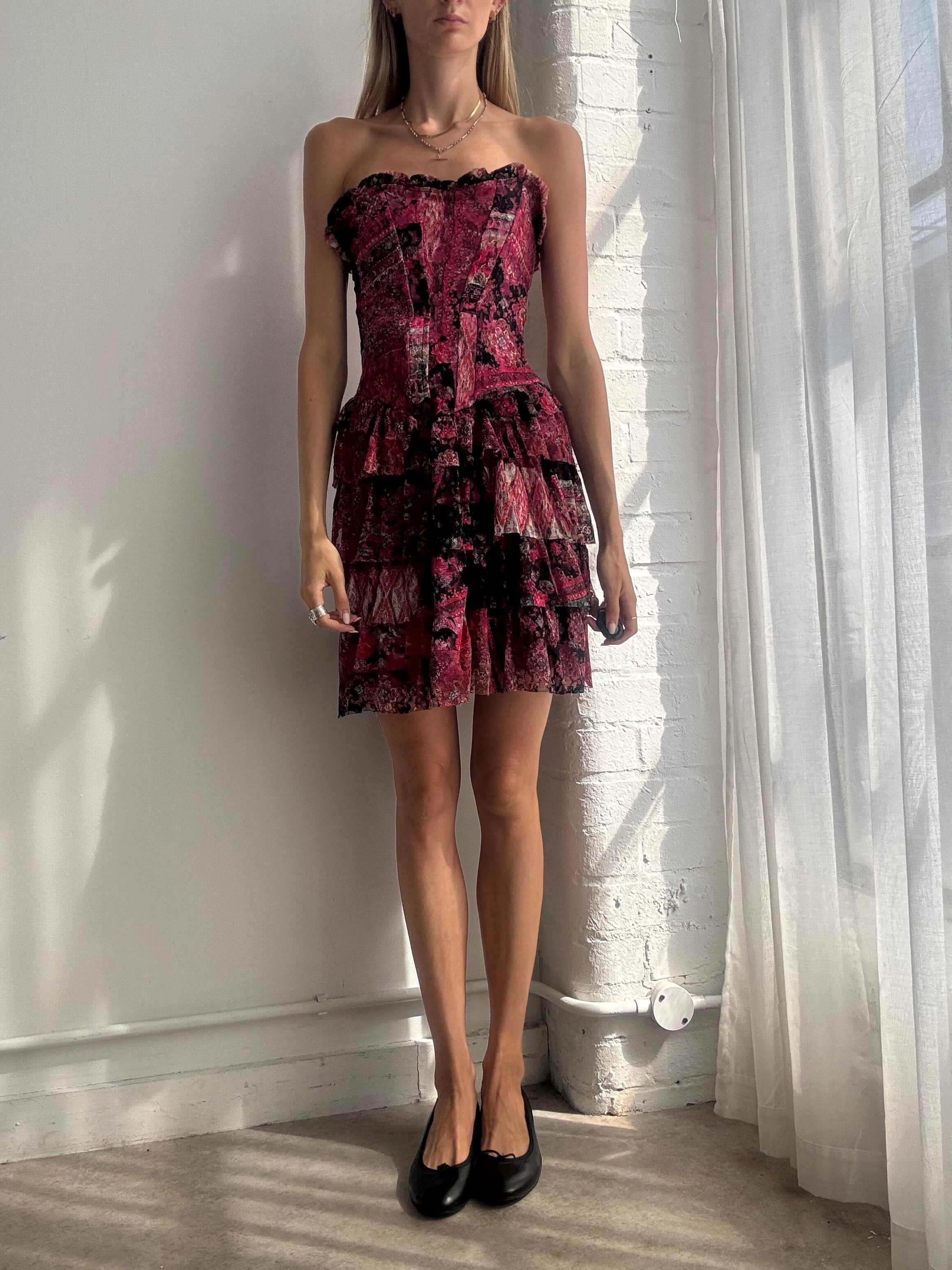 Vintage Y2K Pink & Black Lace Corset Floral Mini Dress - Size S