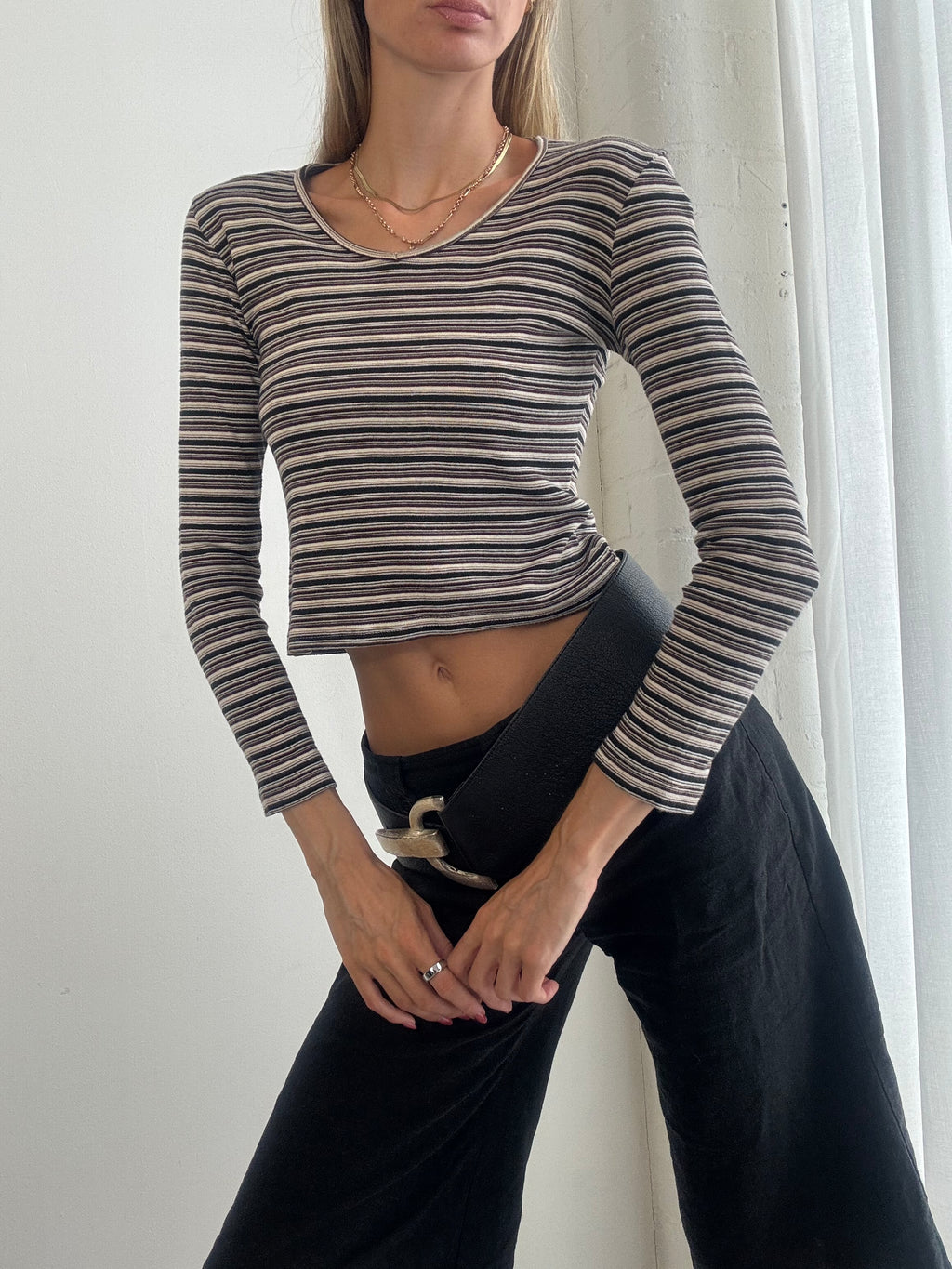 Vintage Y2K Brown & Cream Striped Long Sleeve Top - Size S