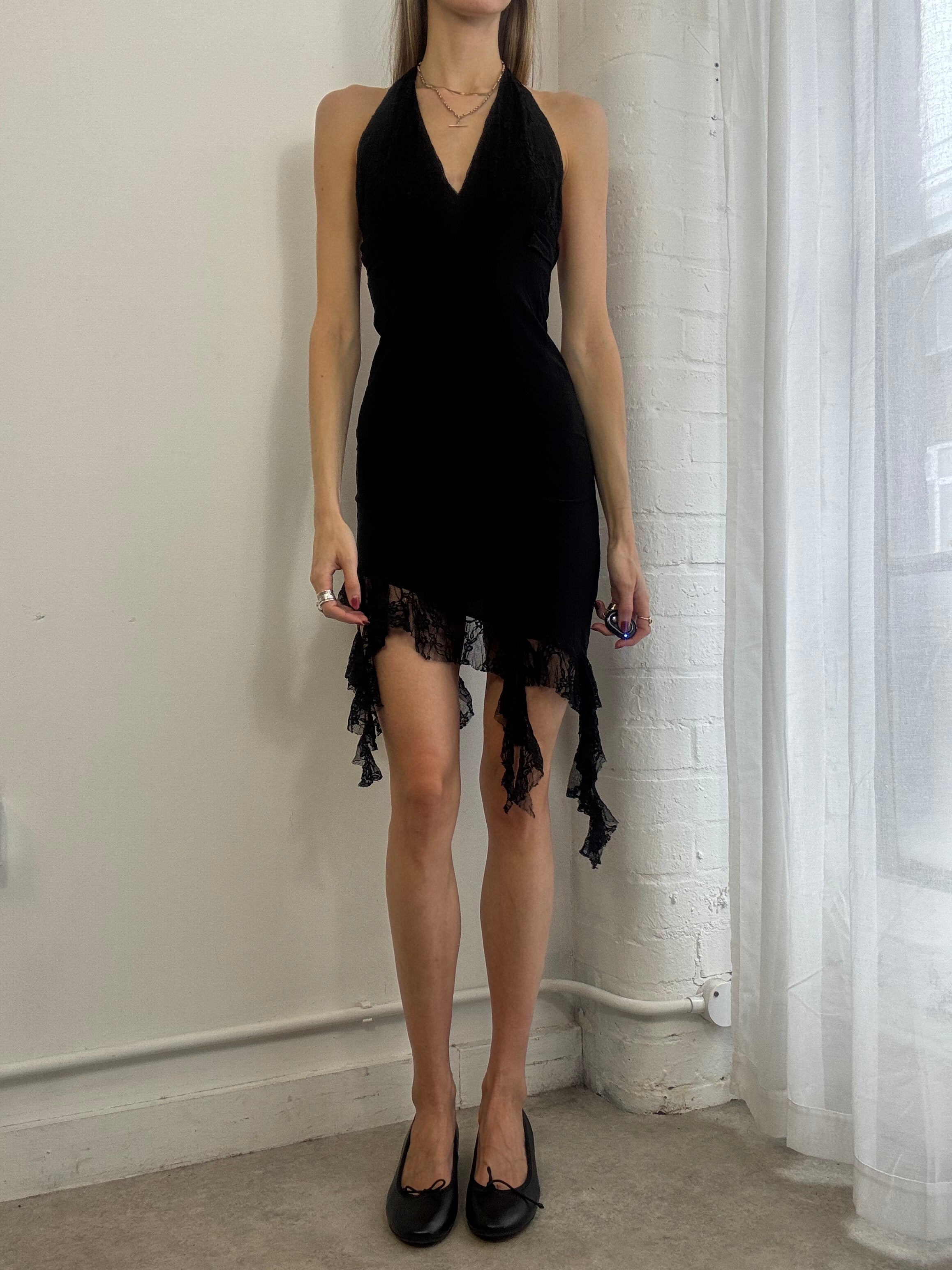 Vintage Y2k Halter Neck Slip Midi Dress Asymmetric Lace