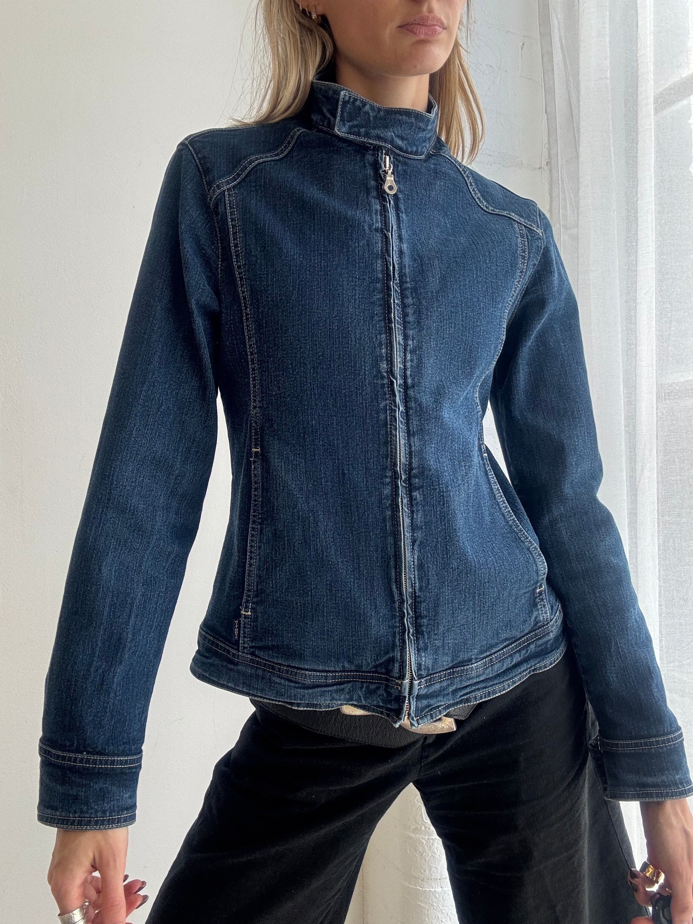Vintage y2k fitted zip-up denim biker jacket - Size S