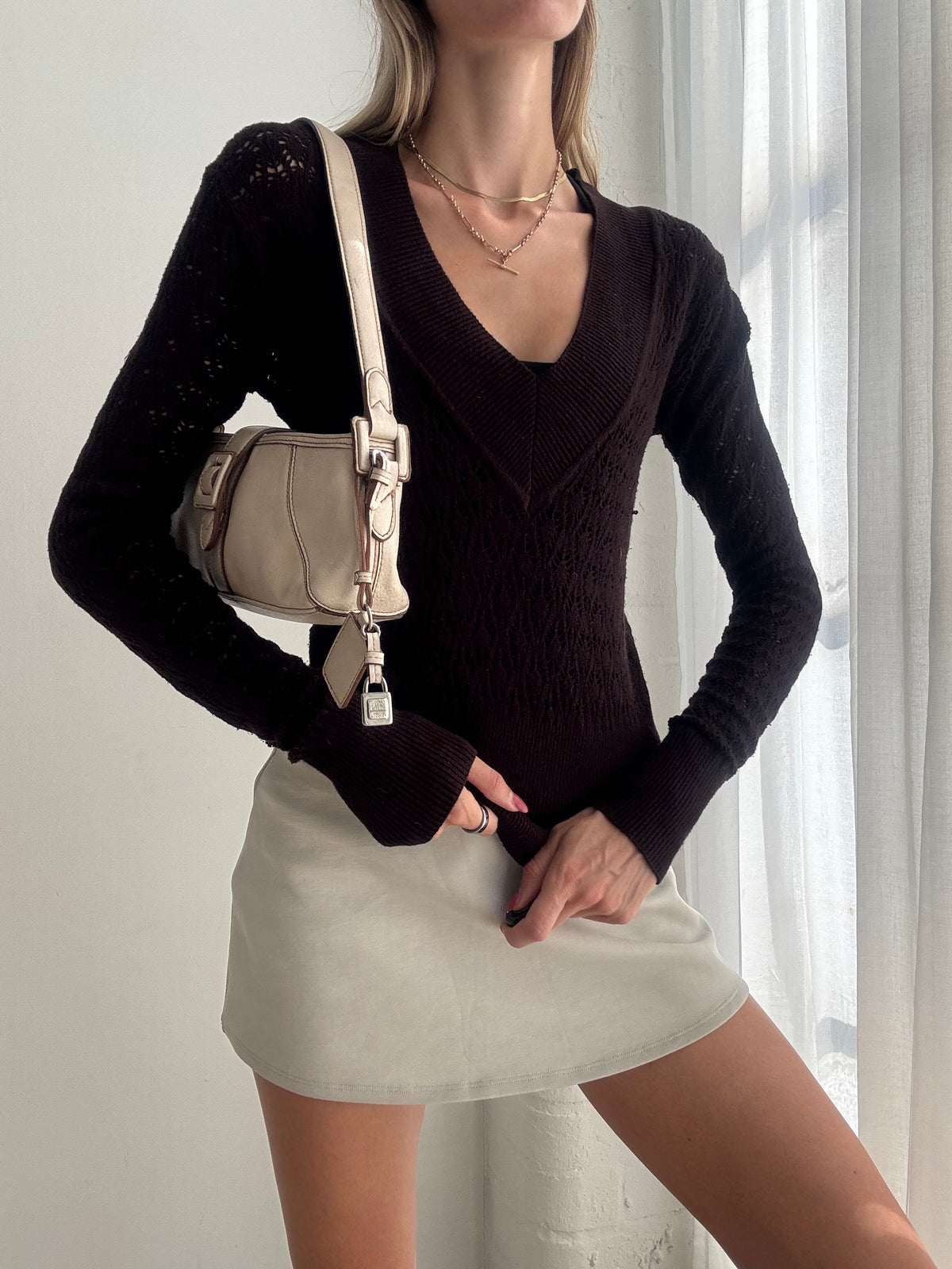 Vintage Y2K Dark Brown V Neck Knit Top Jumper - Size S