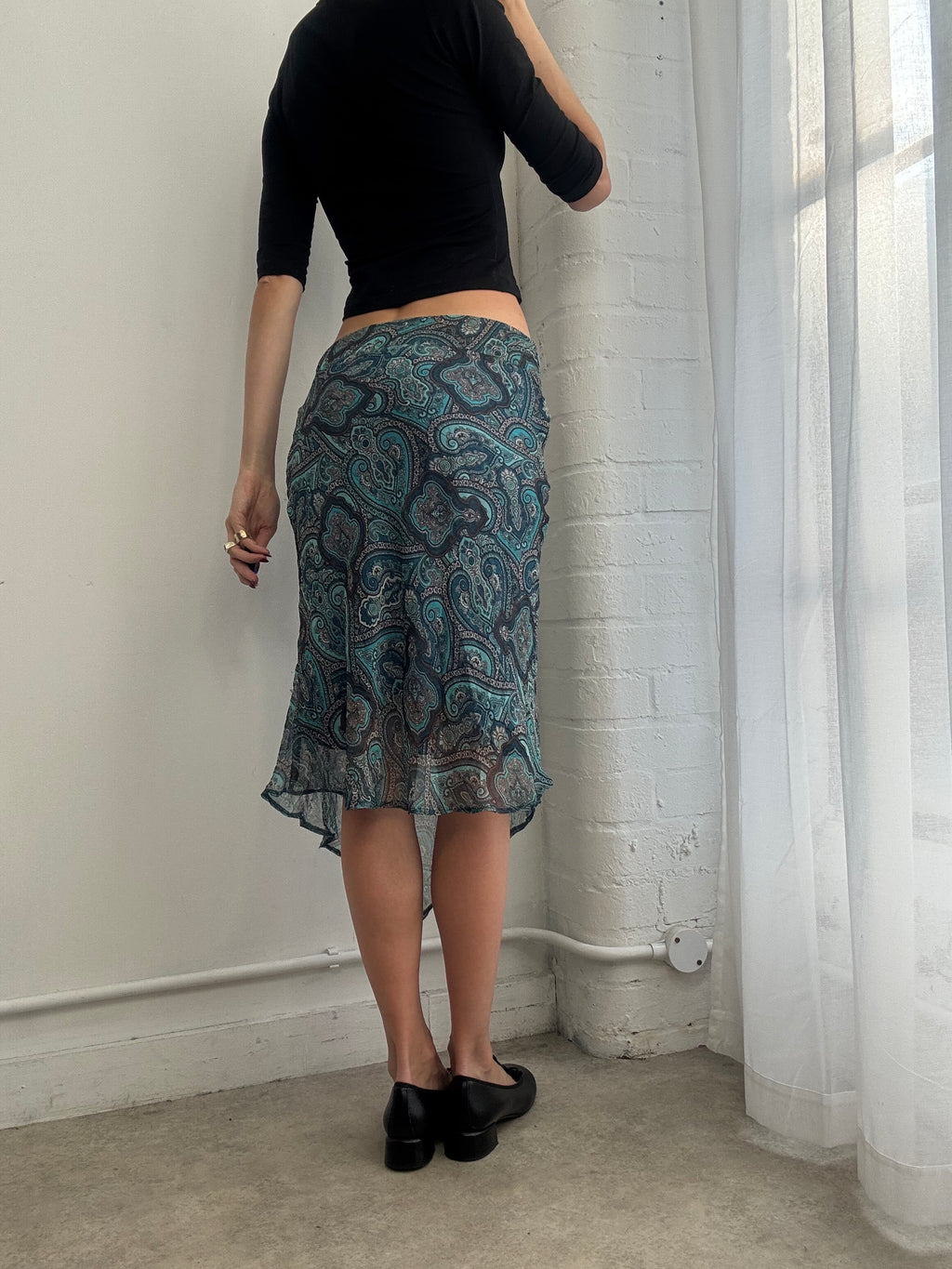 Vintage Y2K paisley print mesh asymmetric midi skirt blue
