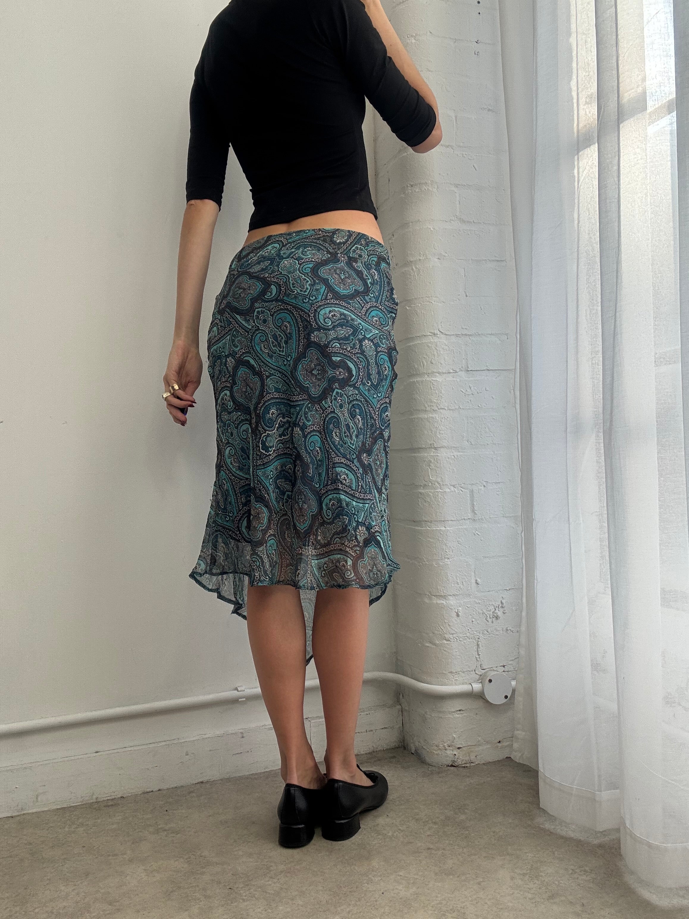 Vintage Y2K paisley print mesh asymmetric midi skirt blue