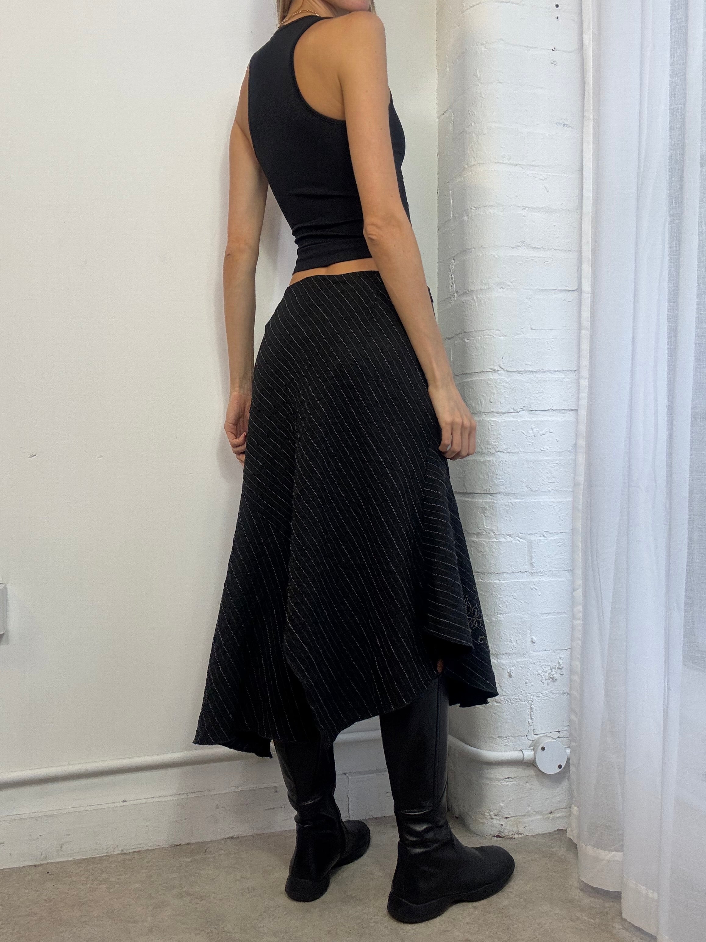 Vintage Y2K pinstripe asymmetric ruffle midi skirt
