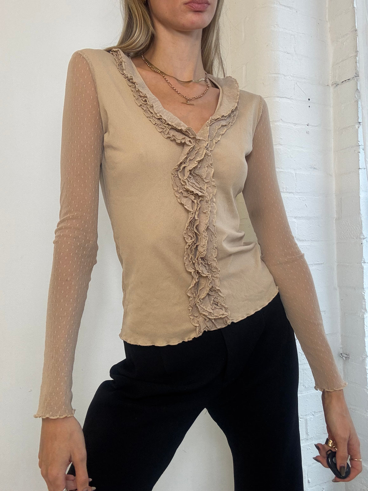 Vintage Y2K Morgan De Toi Beige Ruffle Front Mesh Sleeve Top - Size S