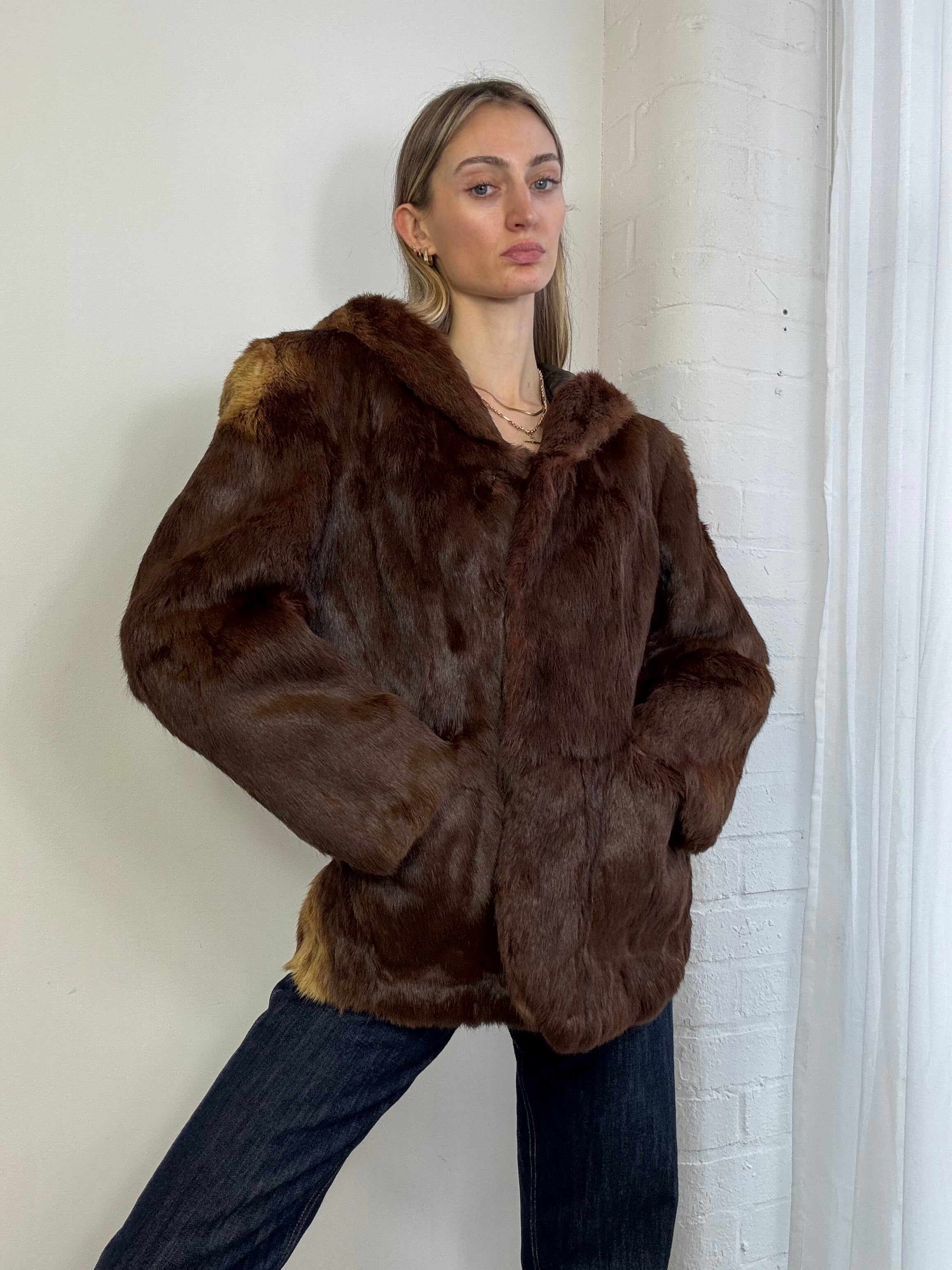 Vintage 90s brown fur hooded coat