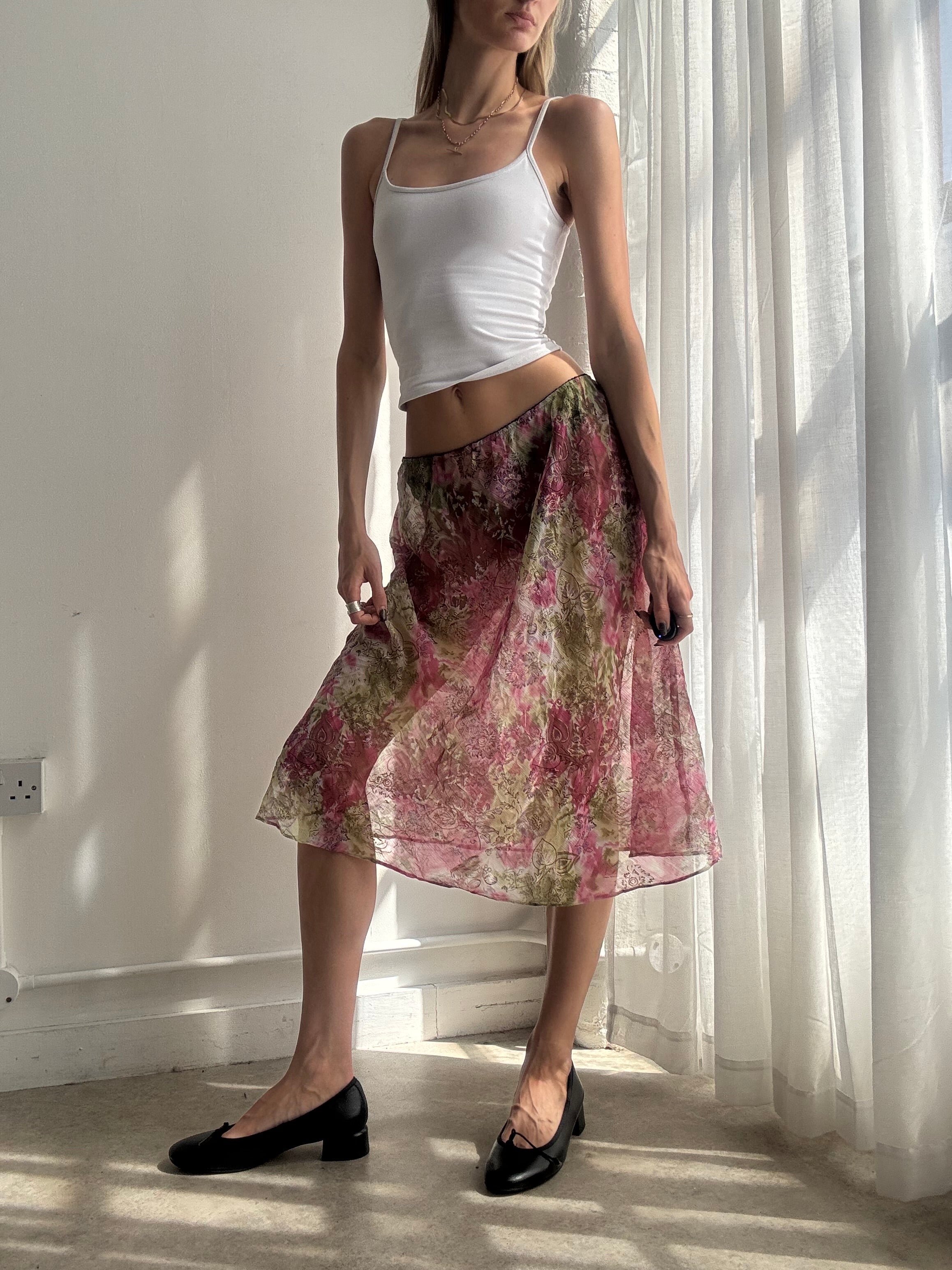Vintage pink floral sheer mesh midi skirt - Size M/L
