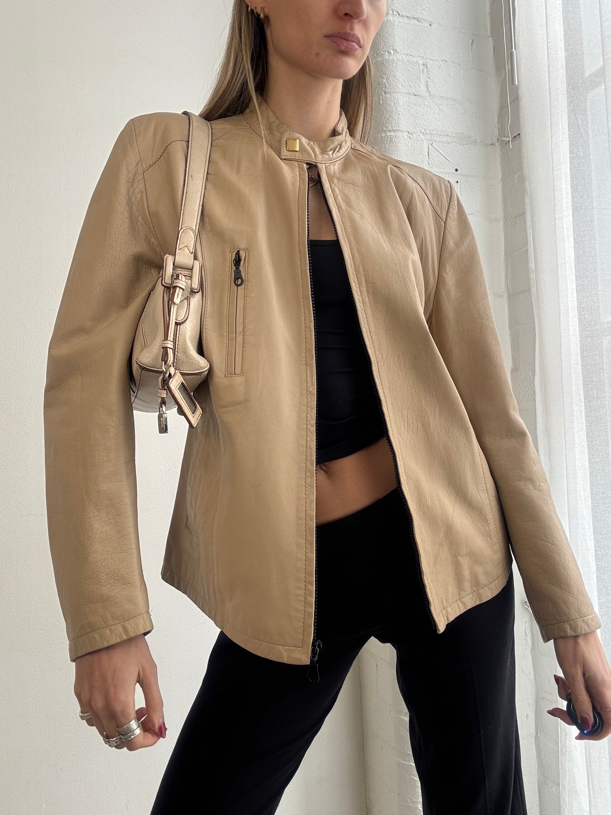 Vintage Y2K tan leather biker-style jacket