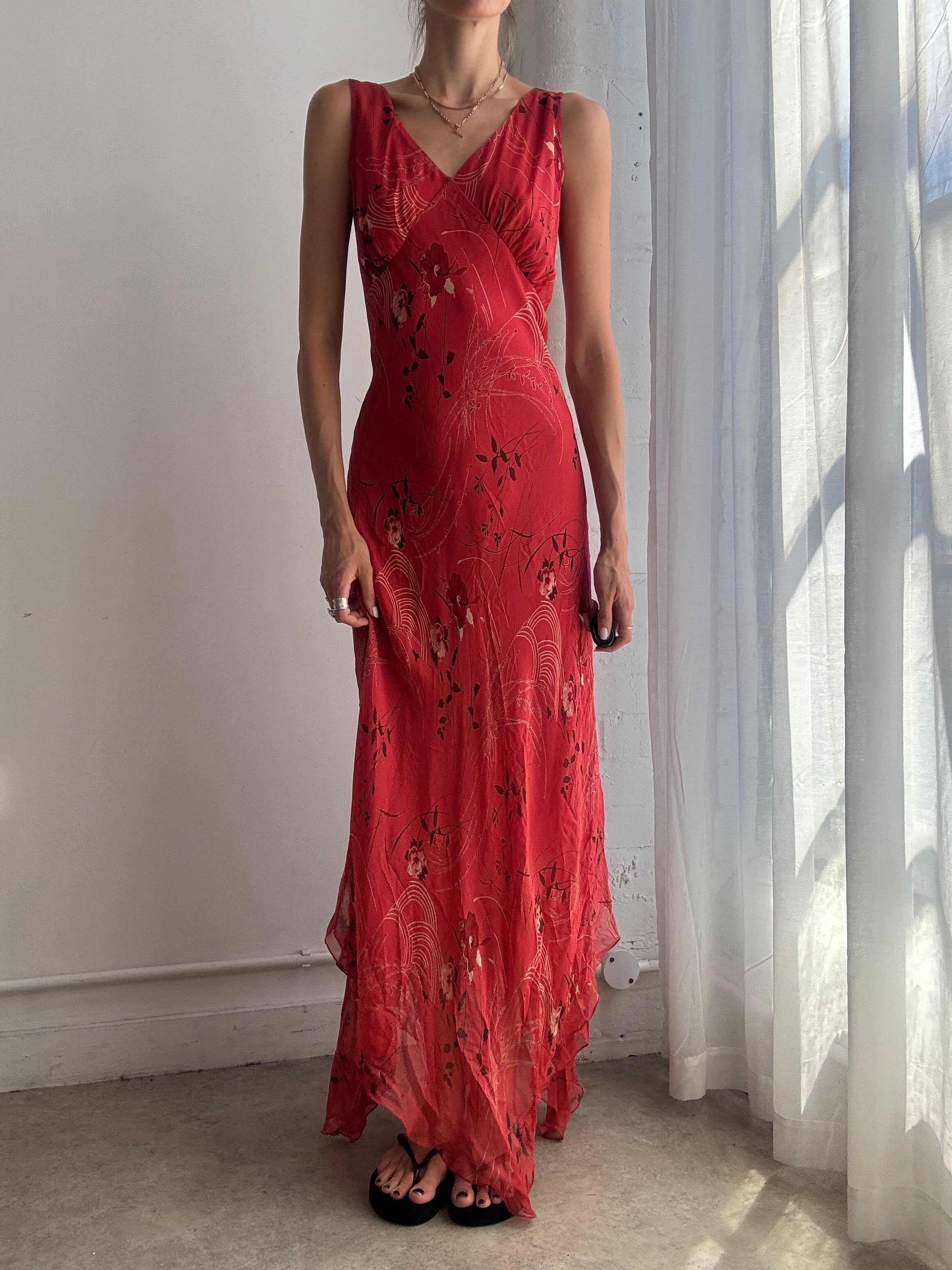 Vintage Red Floral Silk Maxi Dress Y2K - Size L