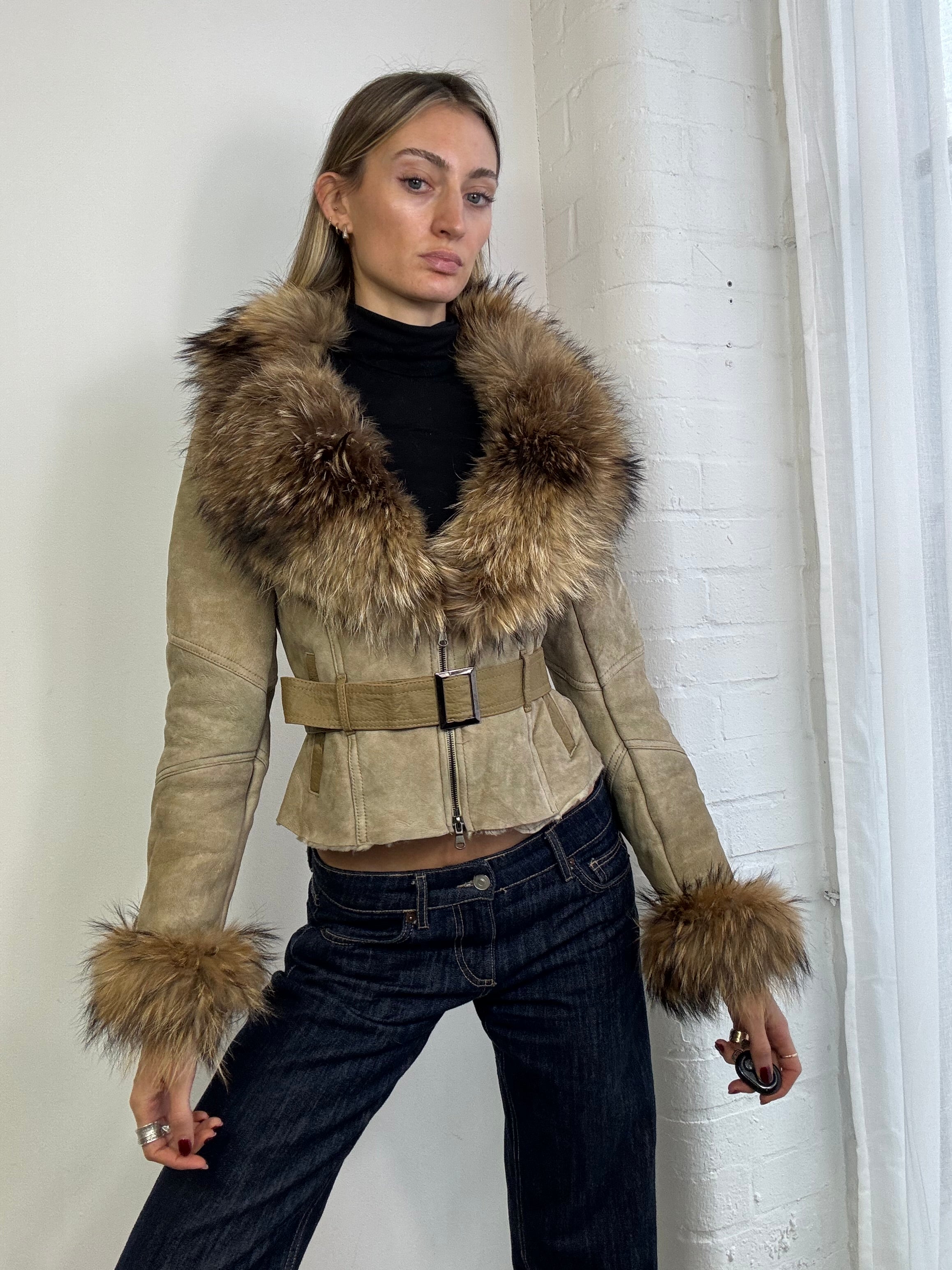 Vintage Y2K suede & fur trim afghan jacket