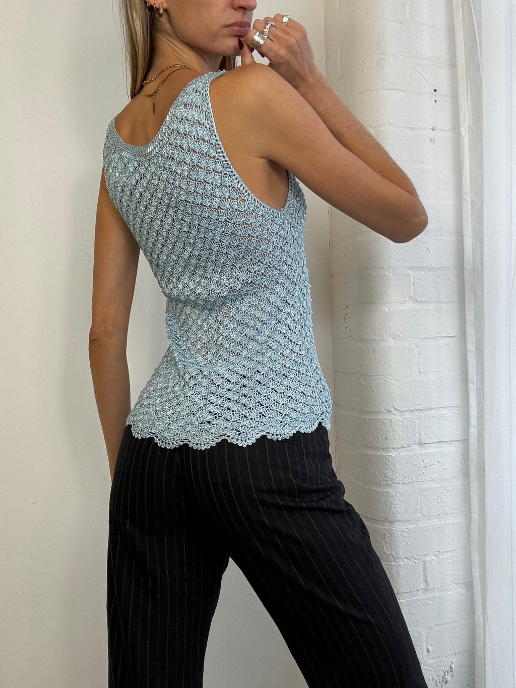 Vintage Y2K blue crochet beaded tank top