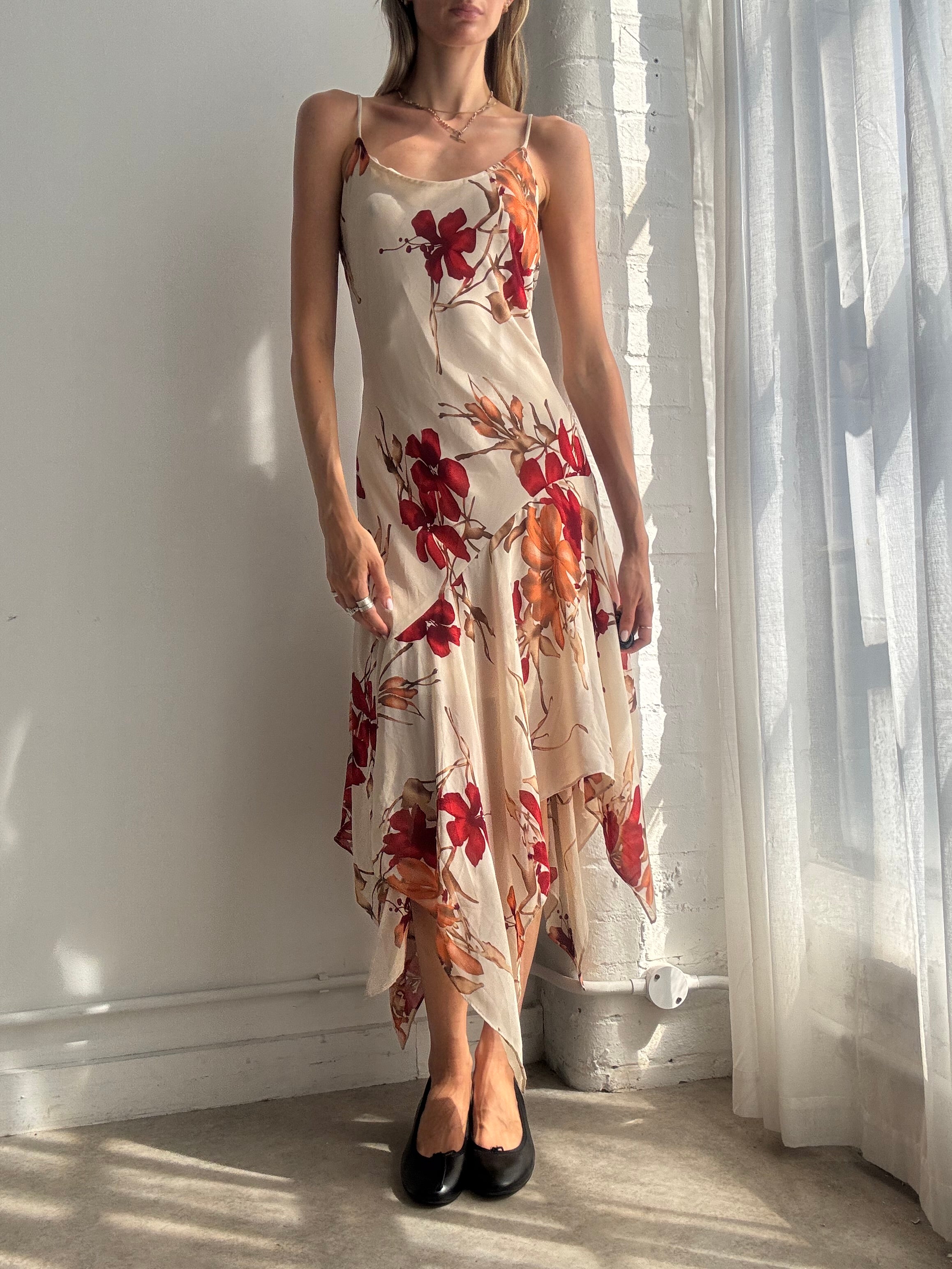 Vintage Y2K Floral Handkerchief Hem Slip Dress - Size L