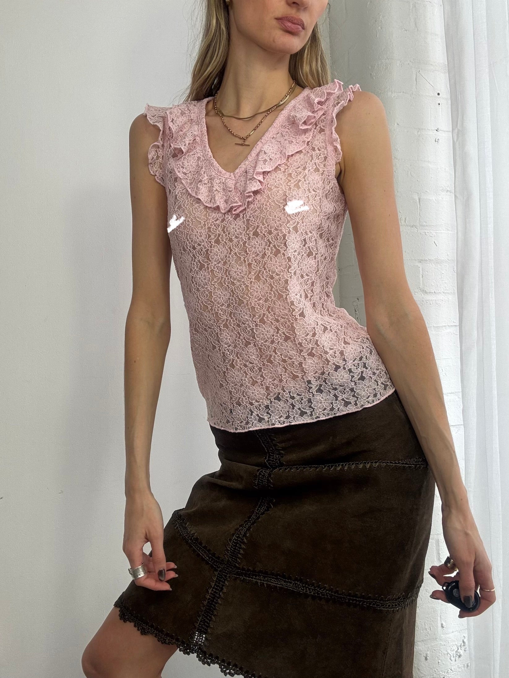 Vintage Y2K pink lace ruffle trim sleeveless top - Size S