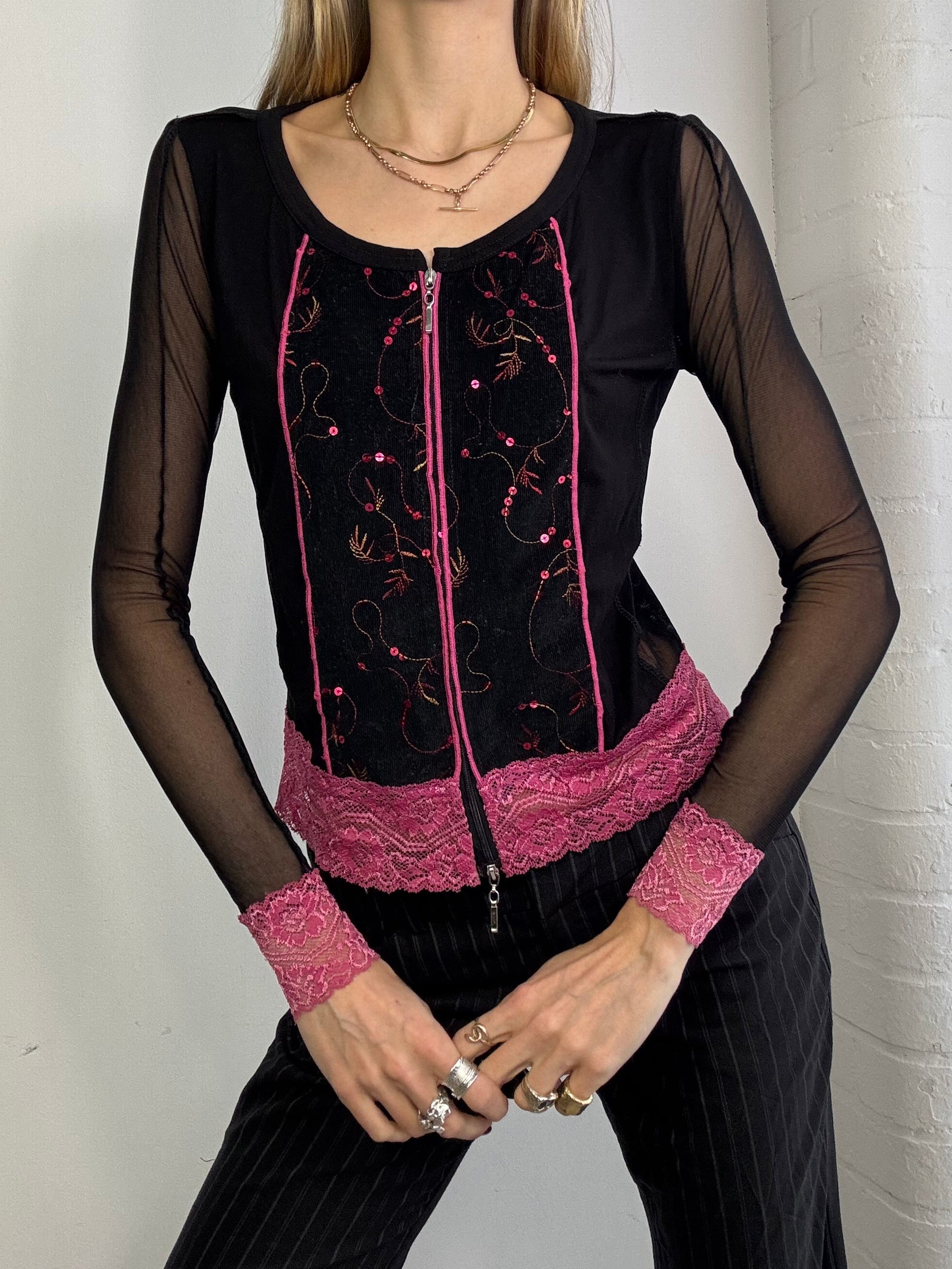 Vintage Y2K sheer mesh top with dual zip front and lace trim