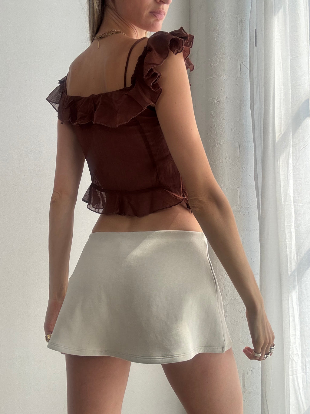 Vintage Y2K Brown Ruffle Mesh Crop Top Fairy Grunge Coquette - Size XS