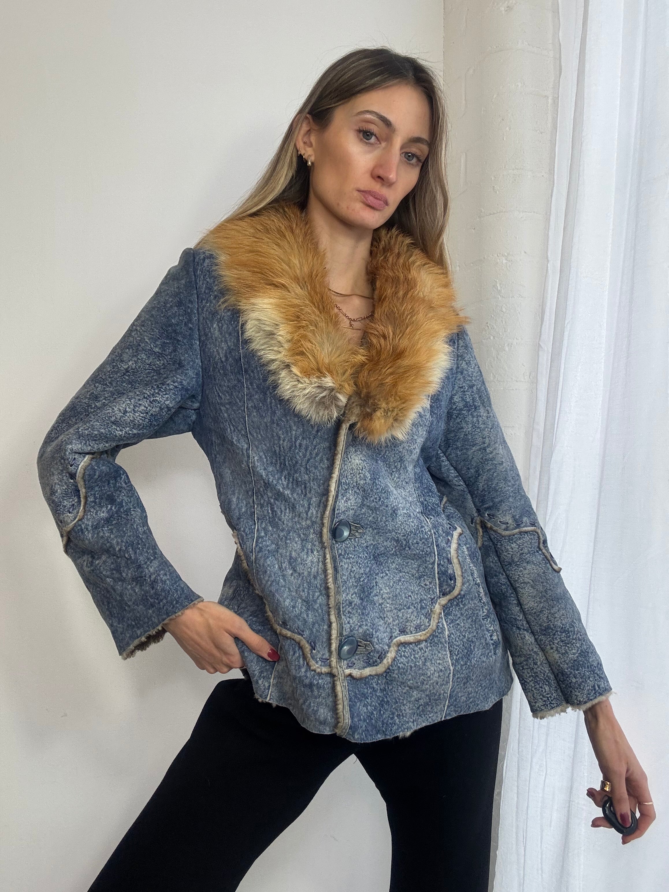 Vintage Y2K blue suede jacket fox fur trim