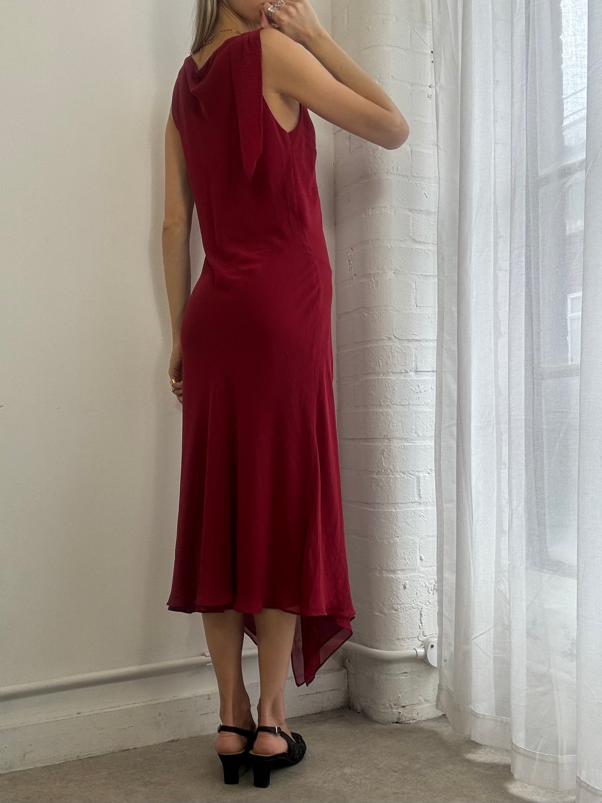 Vintage 90s Red Mesh Cowl Neck Midi Dress Asymmetric