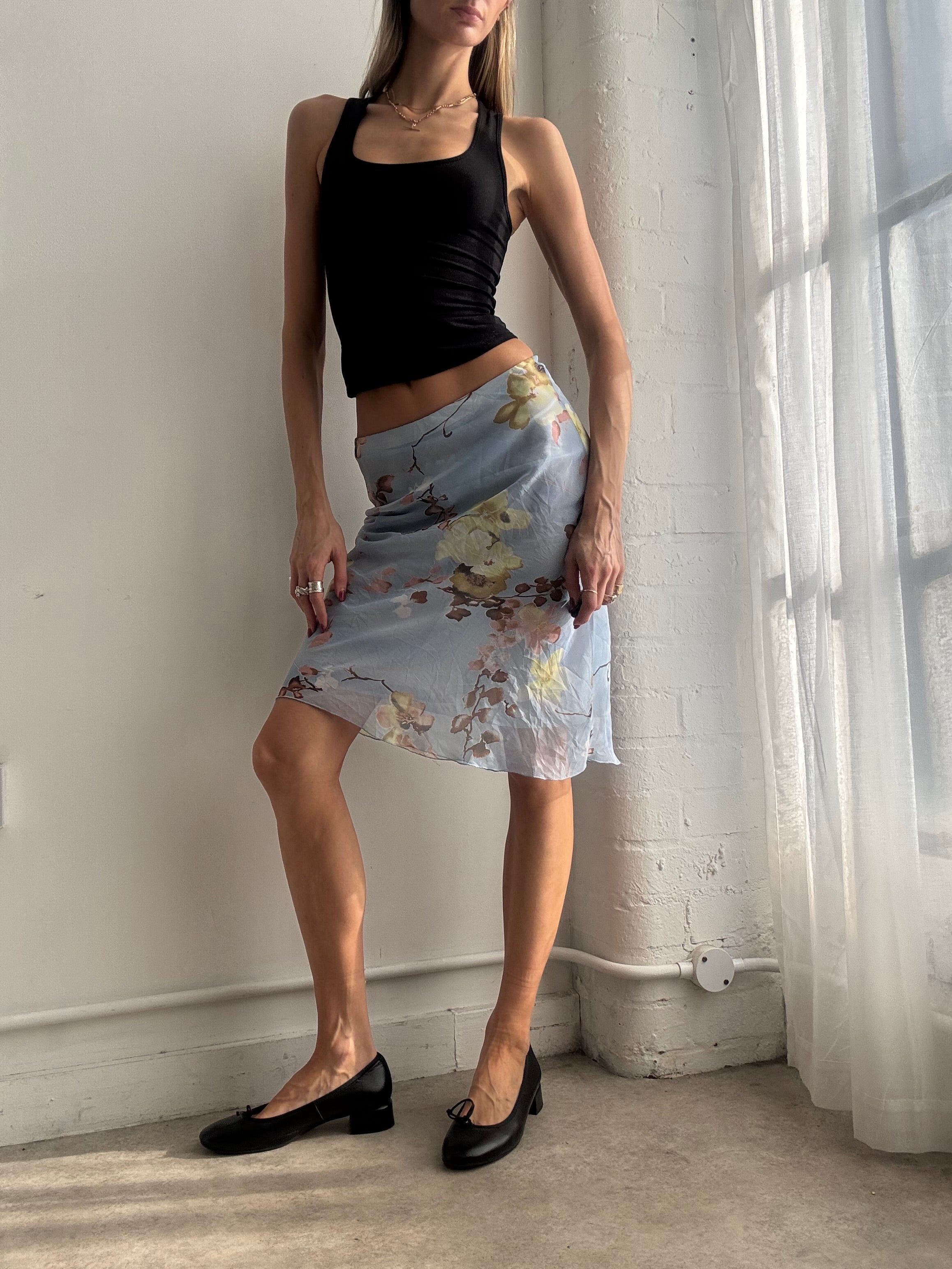 Vintage Y2K light blue floral mesh midi skirt