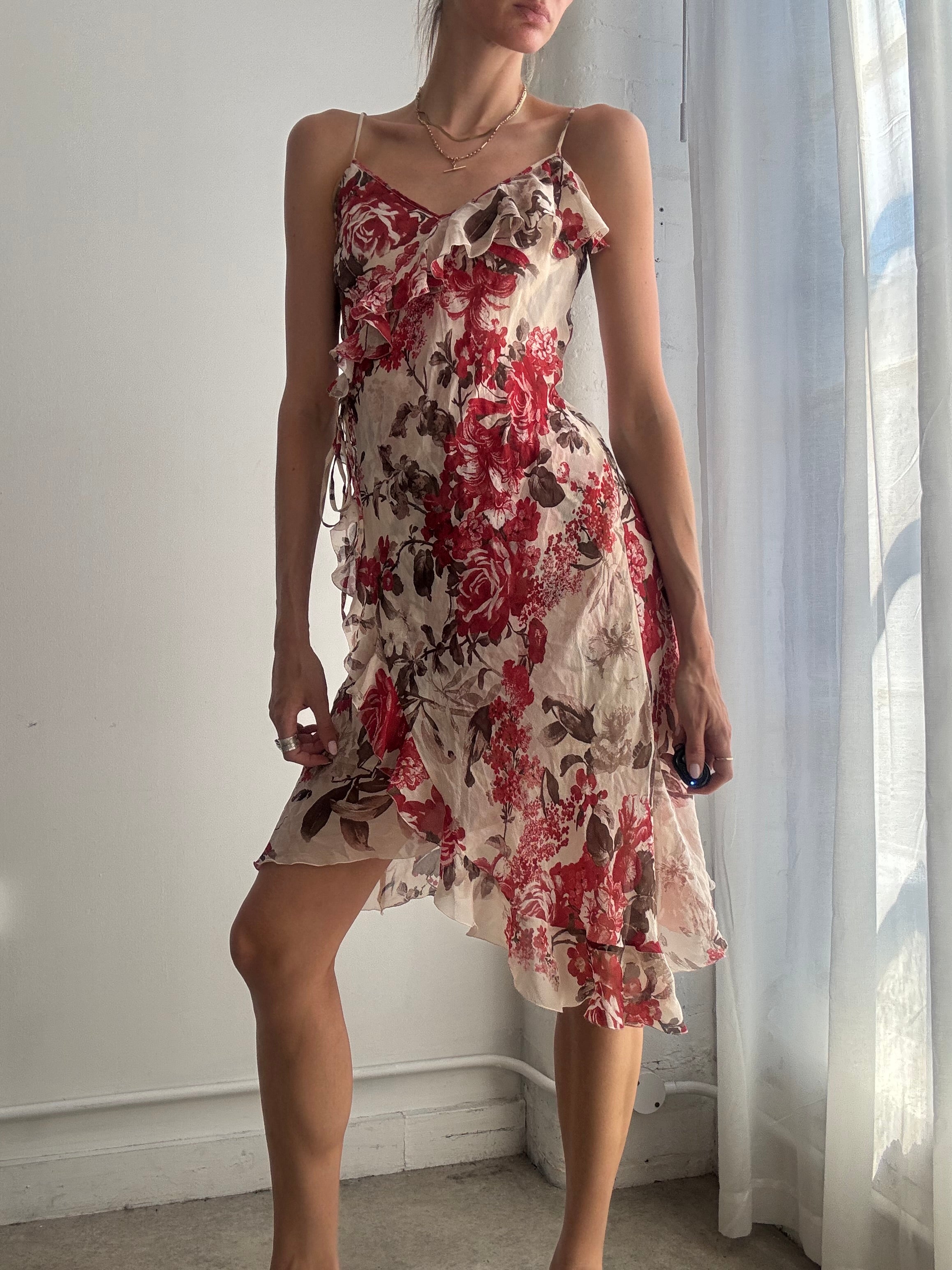 Vintage Y2K Floral Silk Wrap Ruffle Asymmetric Slip Dress - Size S/M