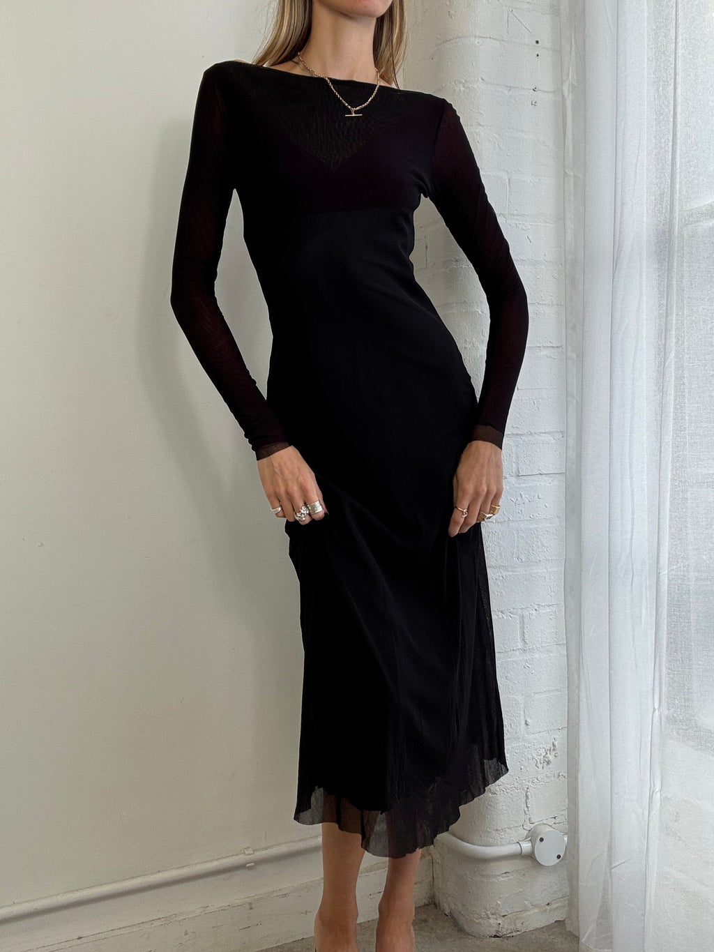 Vintage Y2K mesh boat neck midi dress black