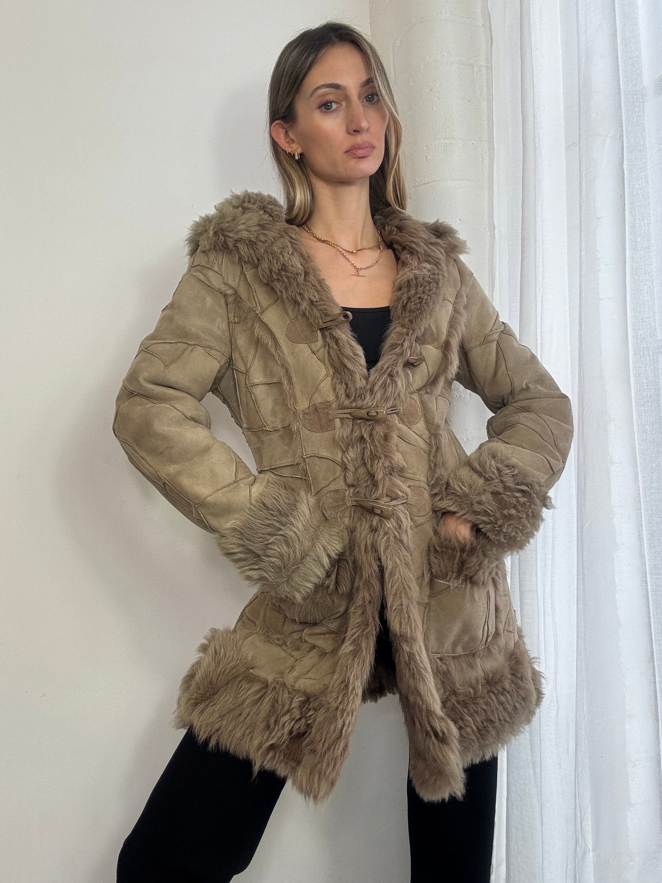 Vintage Y2K patchwork suede sheepskin hooded coat
