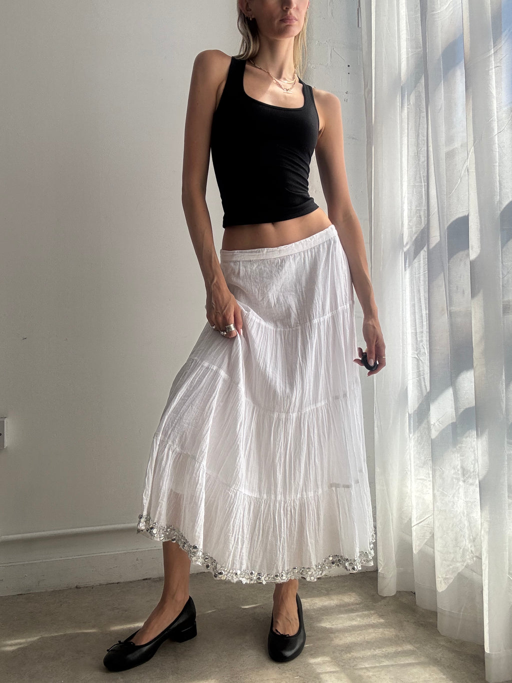 Vintage White Tiered Maxi Skirt Y2K Silver Sequin - Size S/M