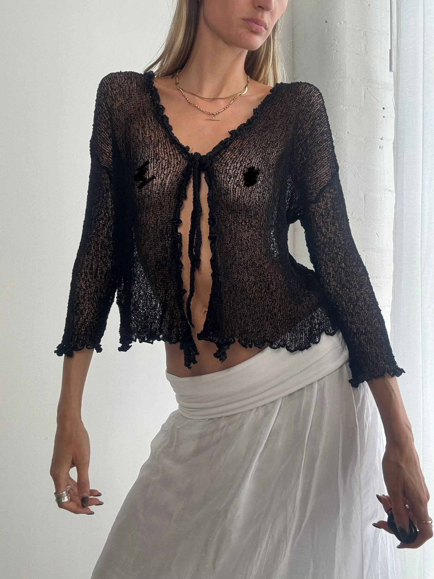Vintage Y2K sheer mesh tie front cardigan top - Size M/L
