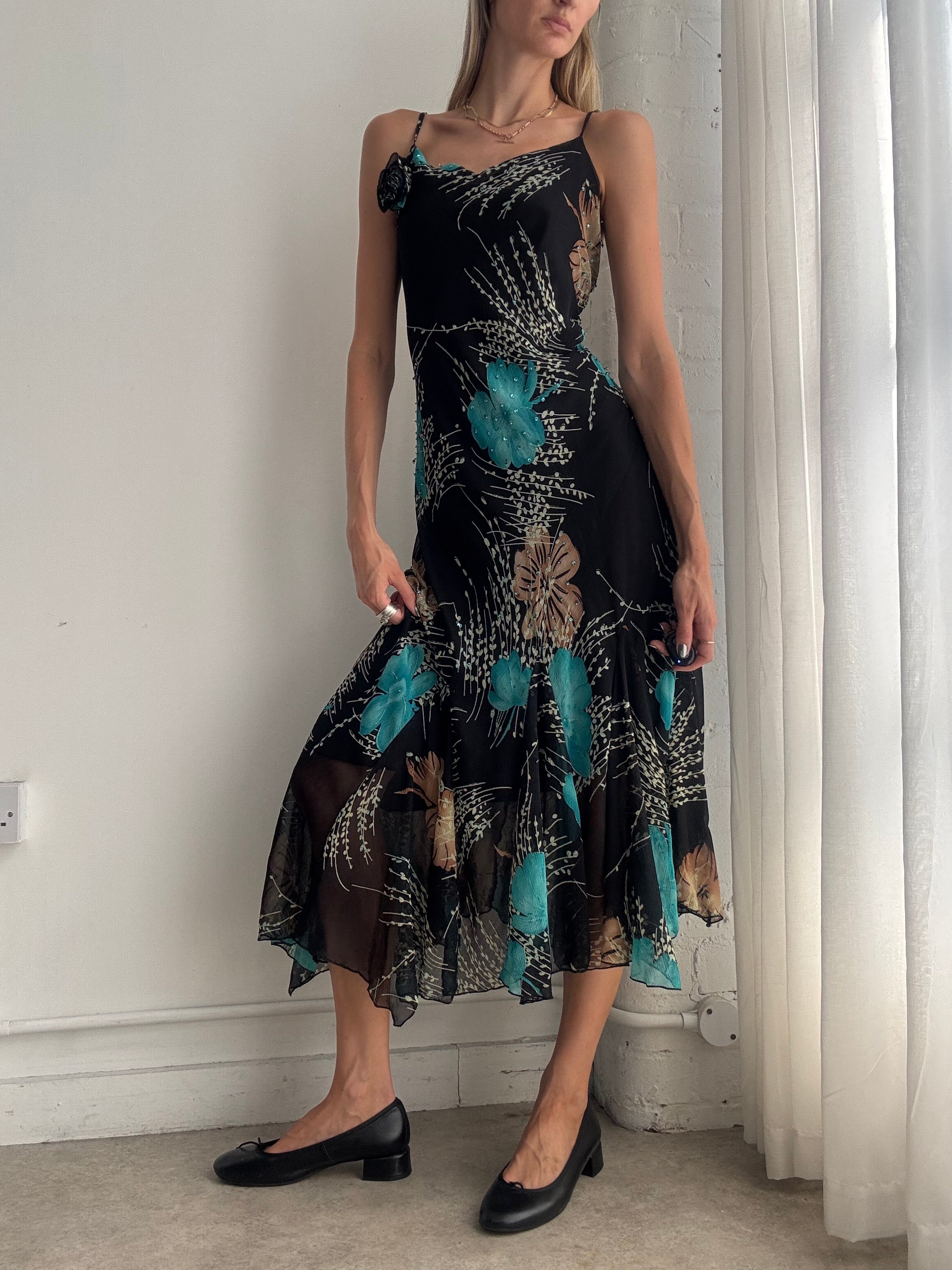 Vintage Y2K Black & Turquoise Floral Mesh Midi Slip Dress – Size M/L
