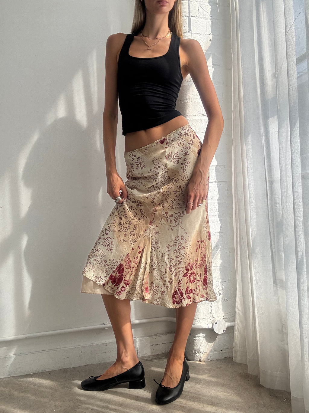 Vintage Y2K Cream Floral Bias Cut Mesh Midi Skirt - Size XS