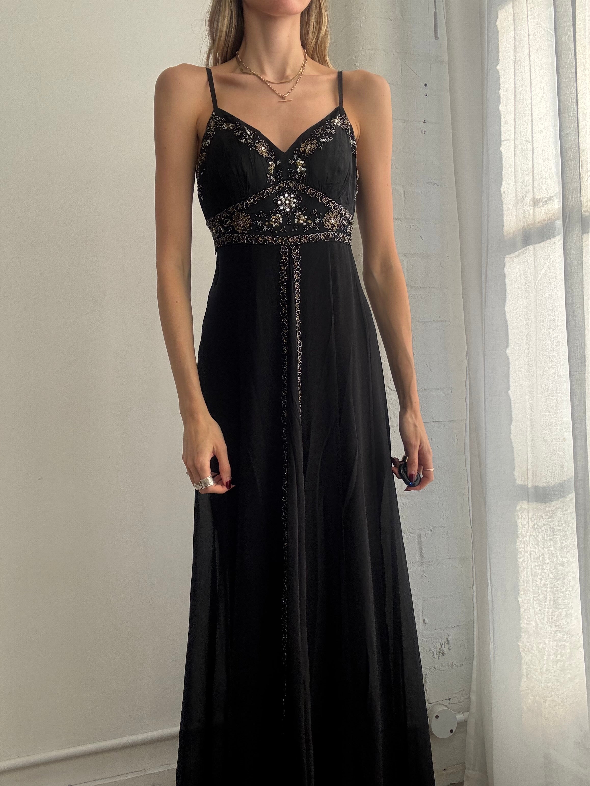 Vintage Y2K beaded black mesh slip dress