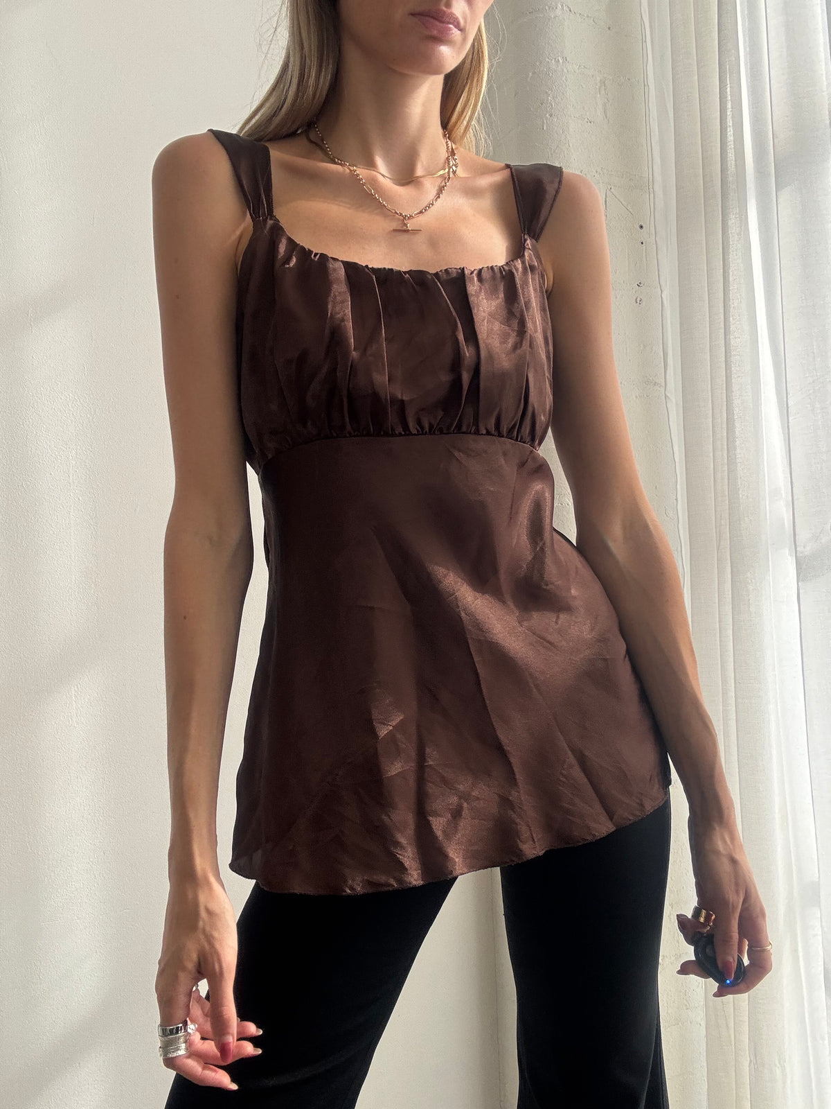 Vintage Y2K Chocolate Brown Satin Babydoll Cami Top - Size L