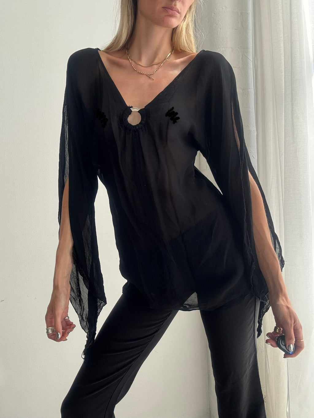 Vintage Y2K Black Sheer O-ring Top – Floaty Chiffon Long Sleeve Blouse - Size M