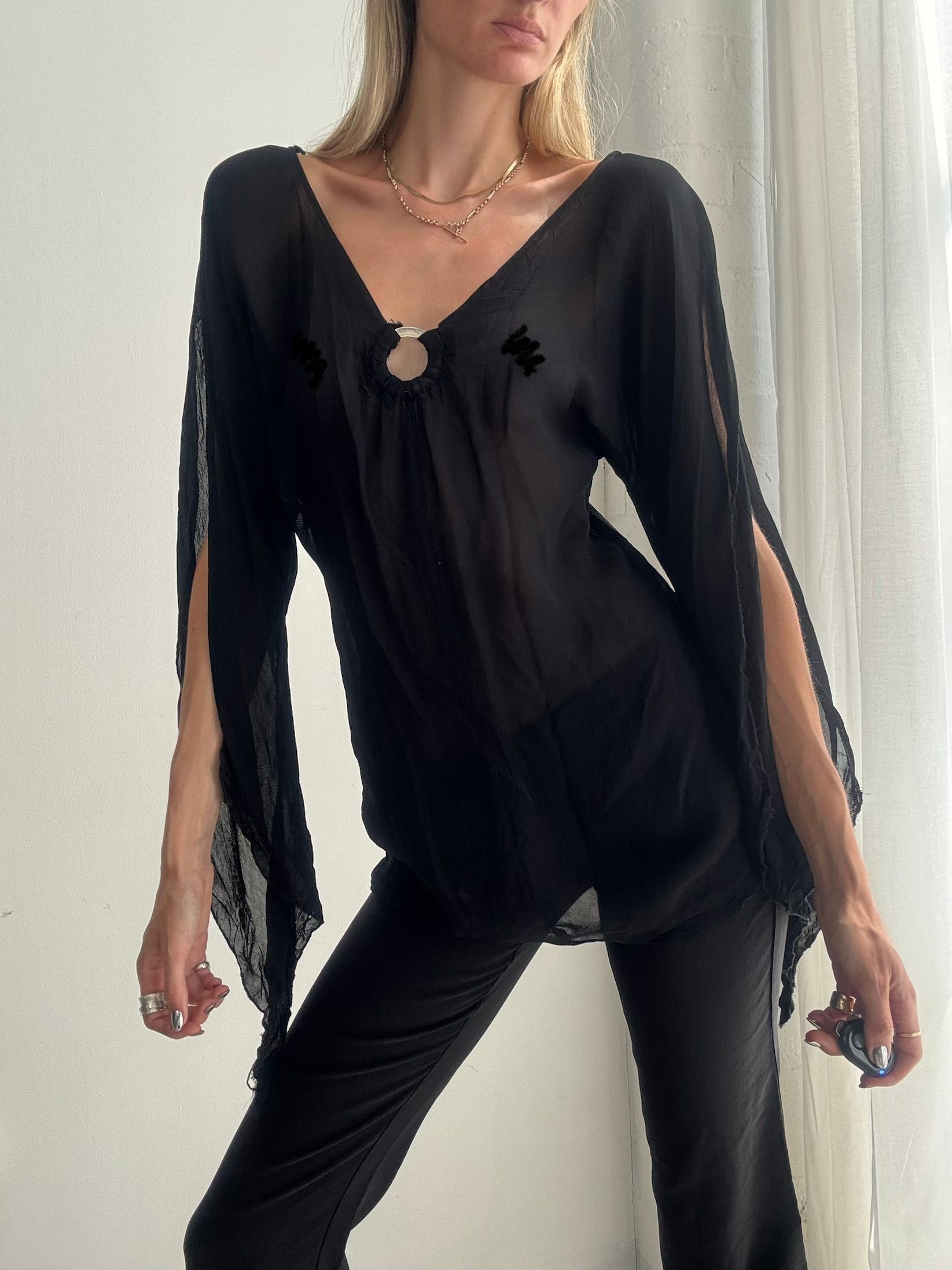 Vintage Y2K Black Sheer O-ring Top – Floaty Chiffon Long Sleeve Blouse - Size M