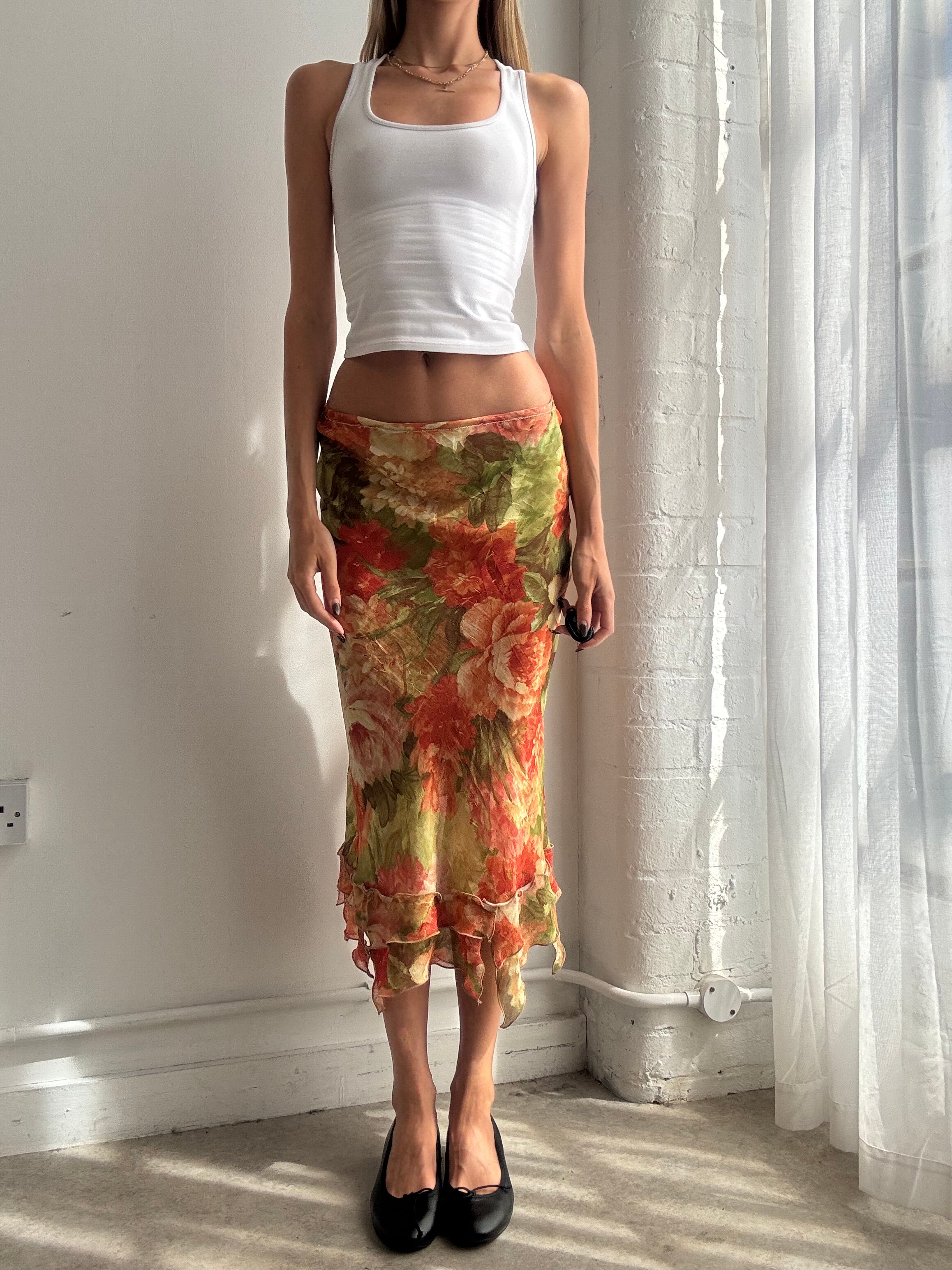 Vintage Y2K floral mesh ruffle midi skirt - Size XS/S