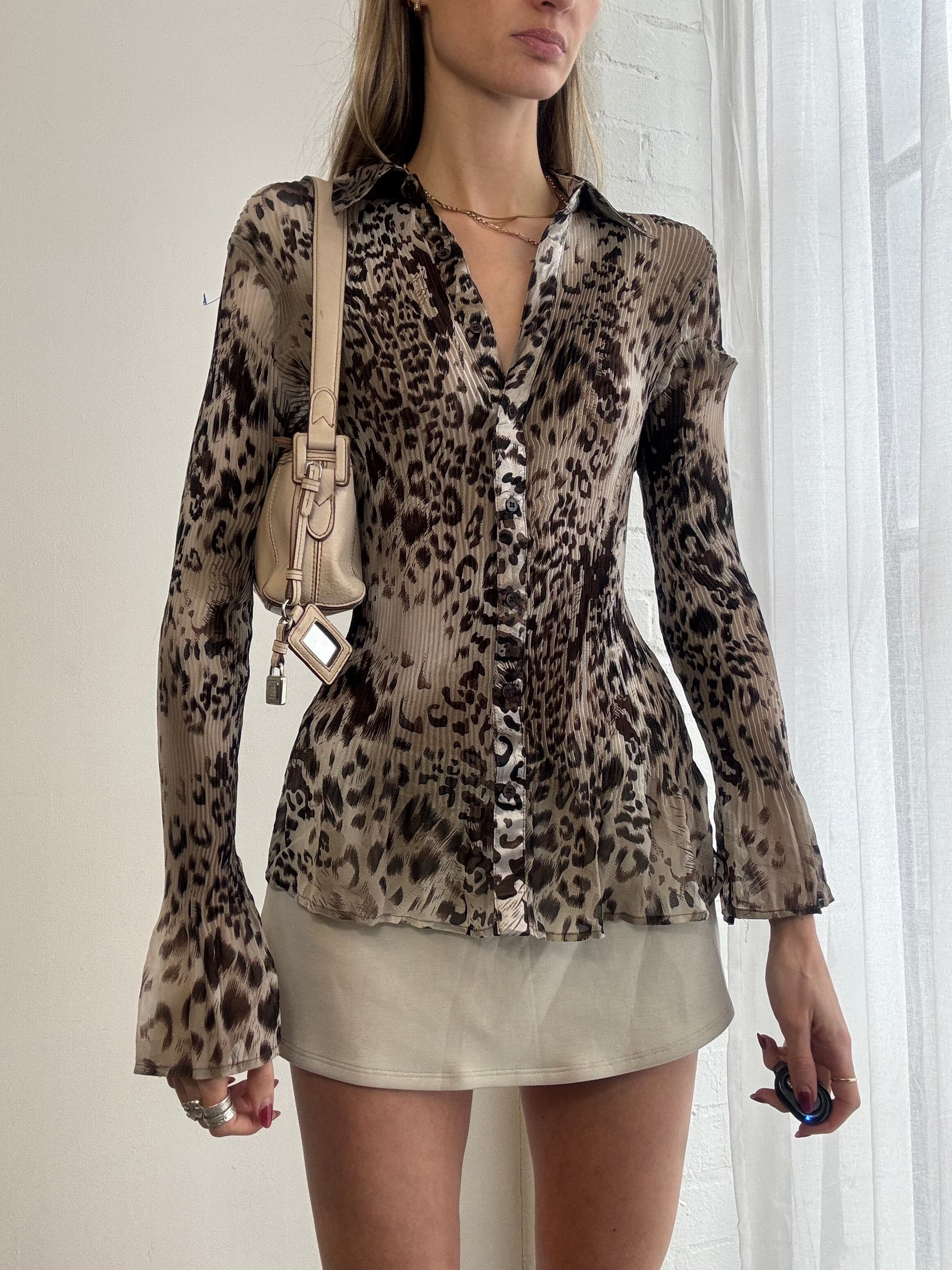 Vintage Y2K leopard print sheer blouse